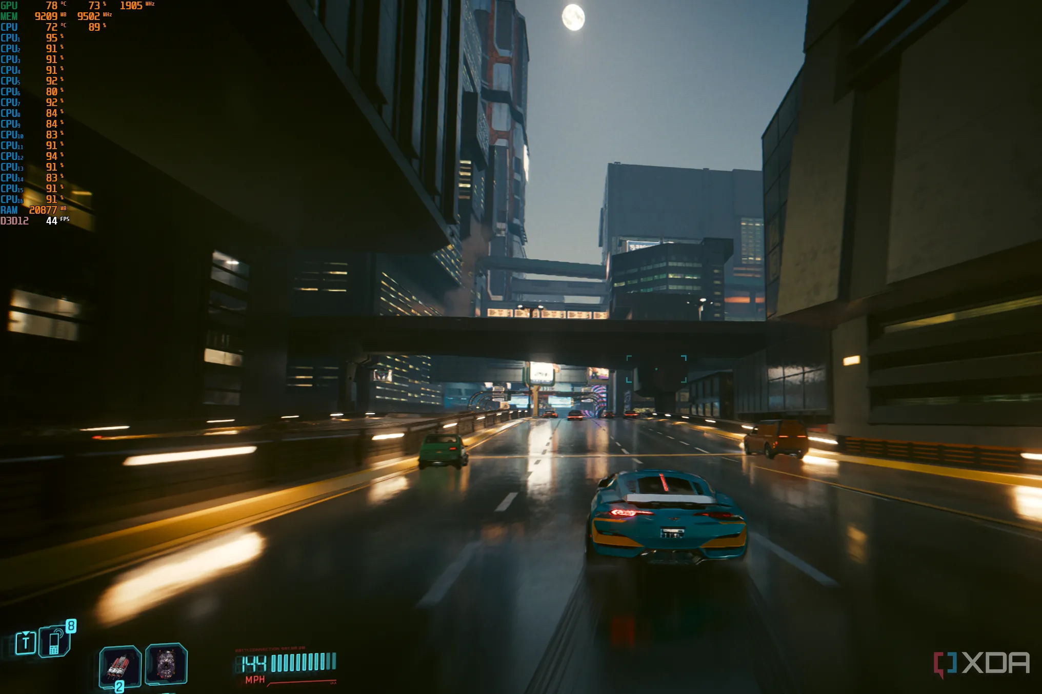 Mức sử dụng CPU cao khi chơi game Cyberpunk 2077 trên bộ xử lý 8 nhân, một ví dụ về game nặng tài nguyên CPU.