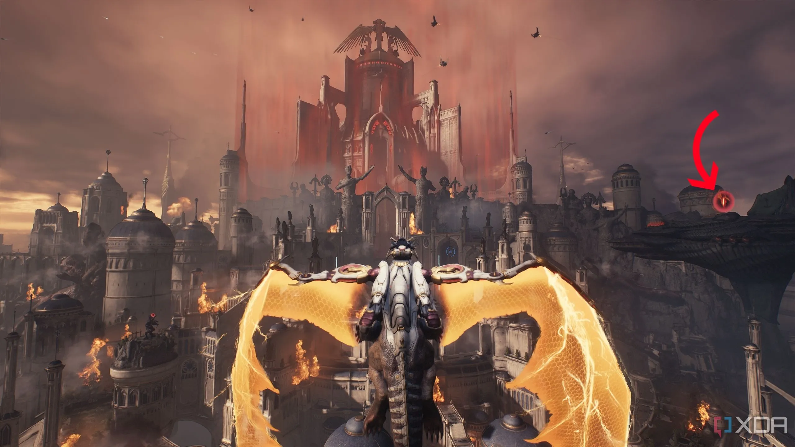 Mũi tên chỉ dẫn đến tàu Hell Carrier gần cổng chính của Thánh đường trong Doom The Dark Ages.