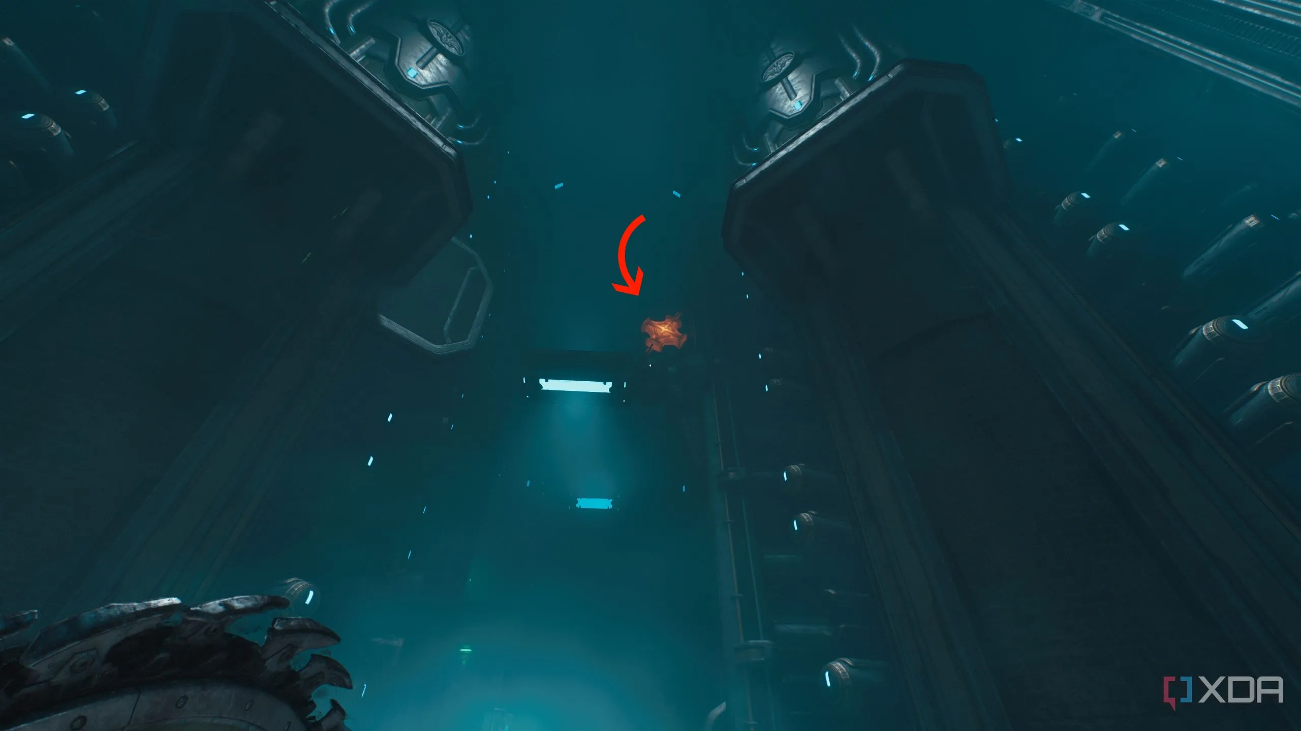Mũi tên chỉ thánh giá kim loại nóng trên cao trong Doom The Dark Ages Chương 9