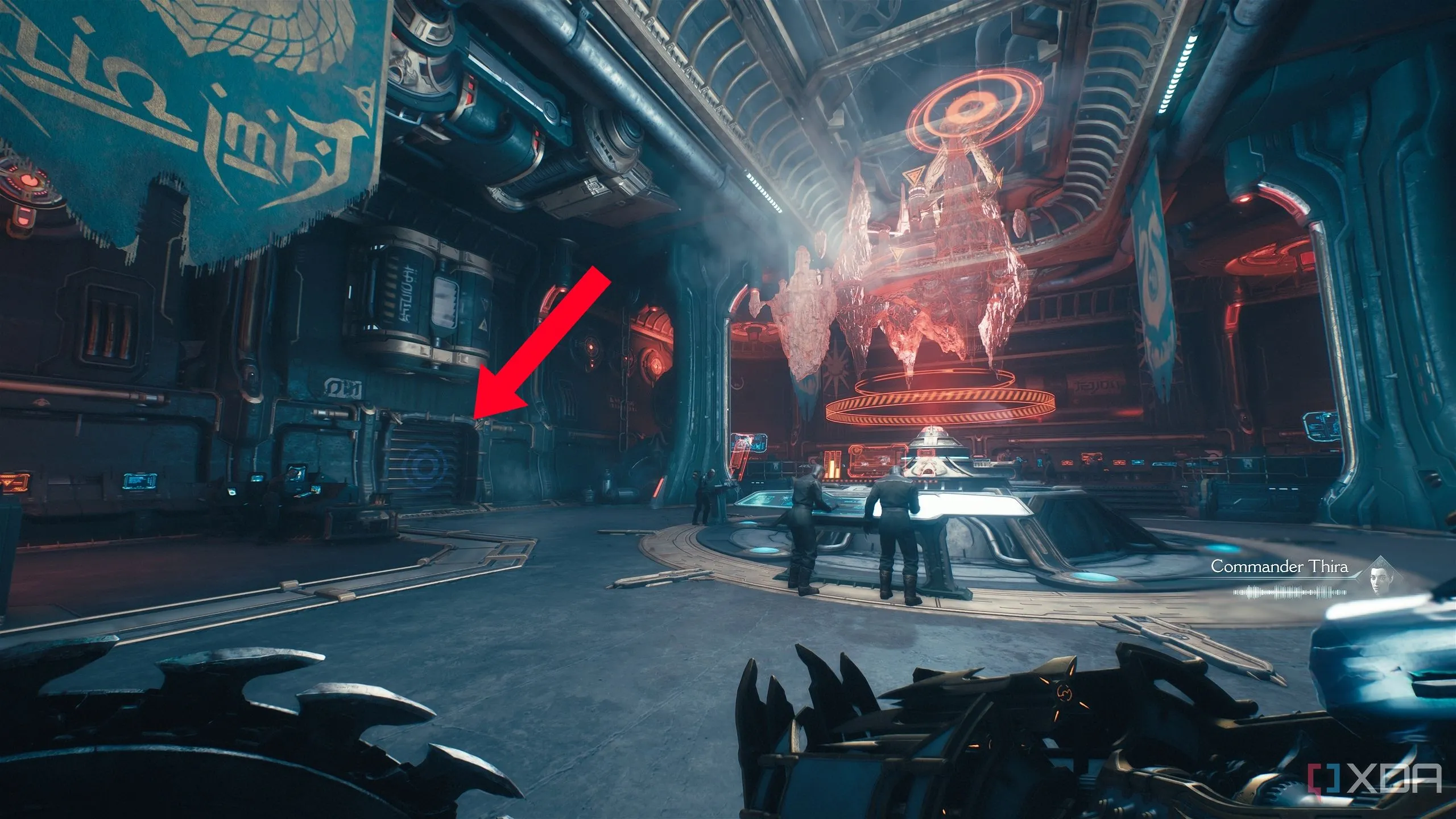 Mũi tên chỉ vào bức tường có thể phá vỡ bằng Shield Charge, lối vào khu vực bí mật 2 trong Doom: The Dark Ages Chương 12