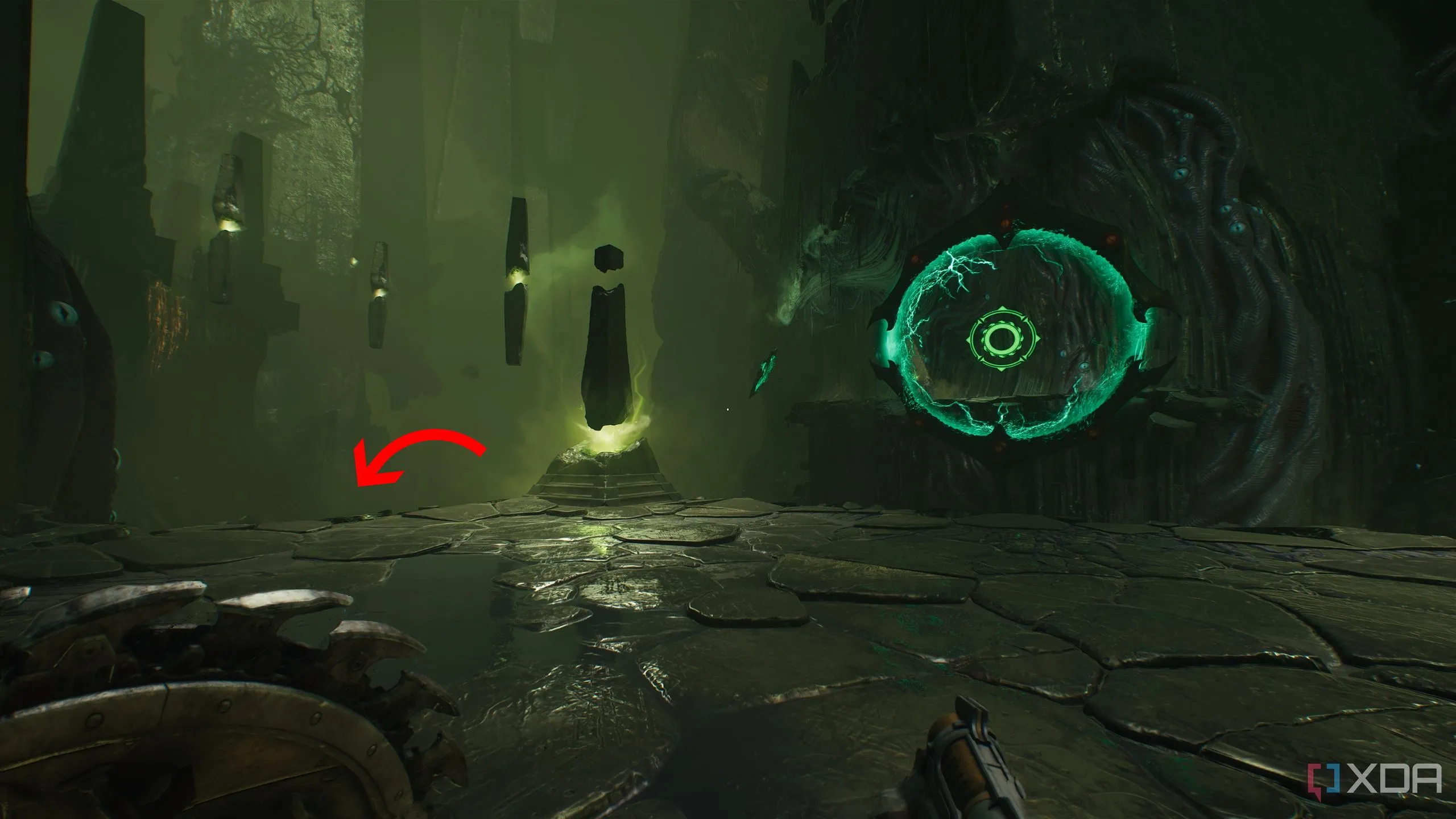 Mũi tên chỉ xuống bên trái cạnh Shield Portal trên khu vực bí mật 3 trong chương 15 của Doom The Dark Ages