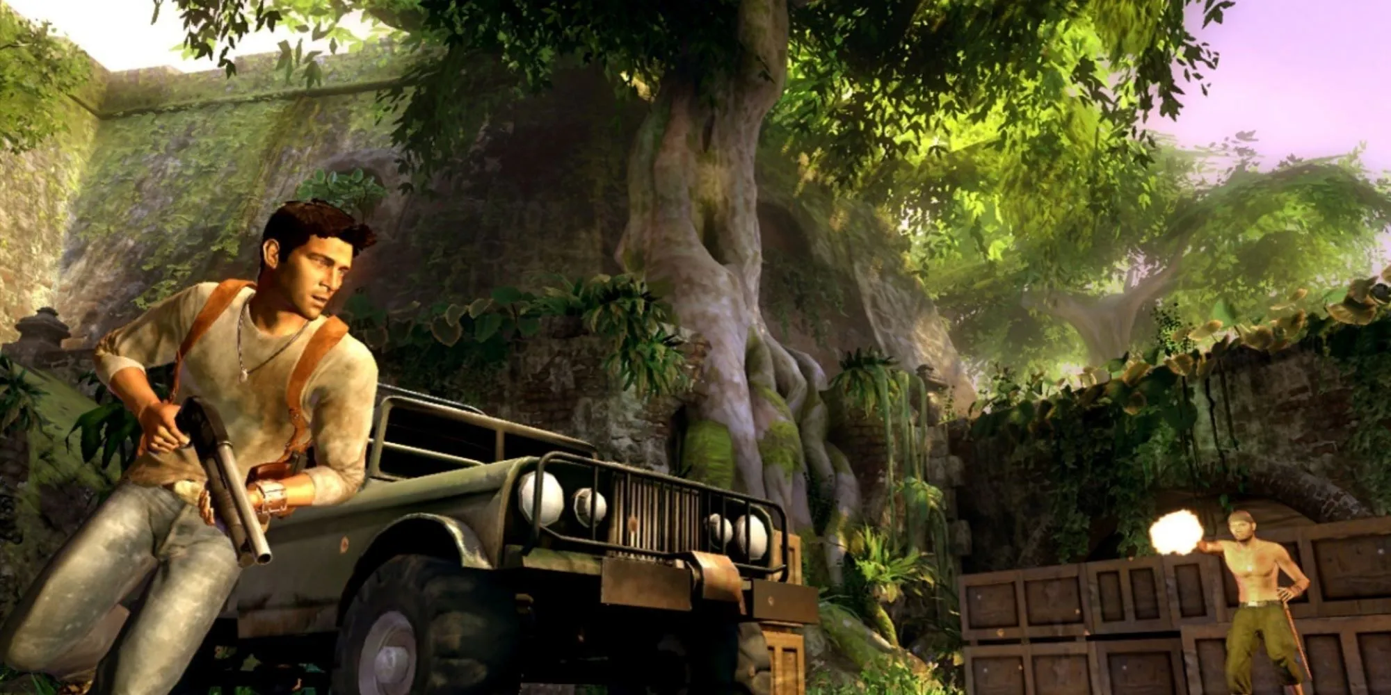 Nathan Drake ẩn nấp sau một chiếc xe jeep bị hư hại trong Uncharted, thể hiện yếu tố chiến đấu có tính che chắn