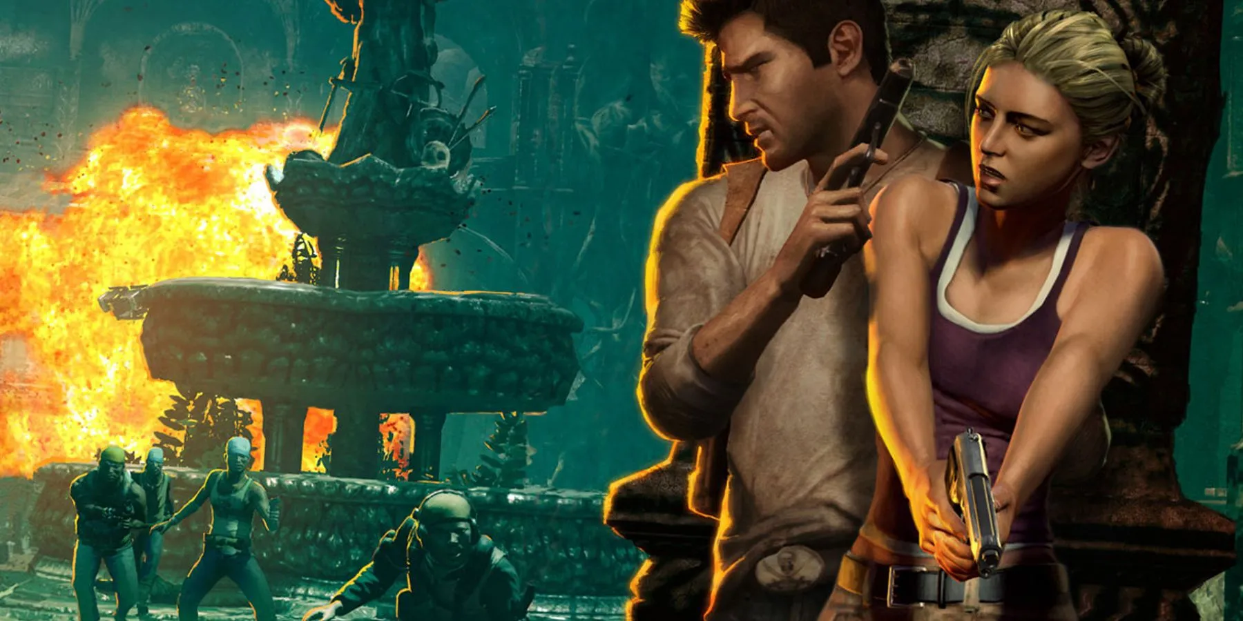 Nathan Drake, nhân vật chính của Uncharted Drake's Fortune, đang chiến đấu trong môi trường rừng rậm