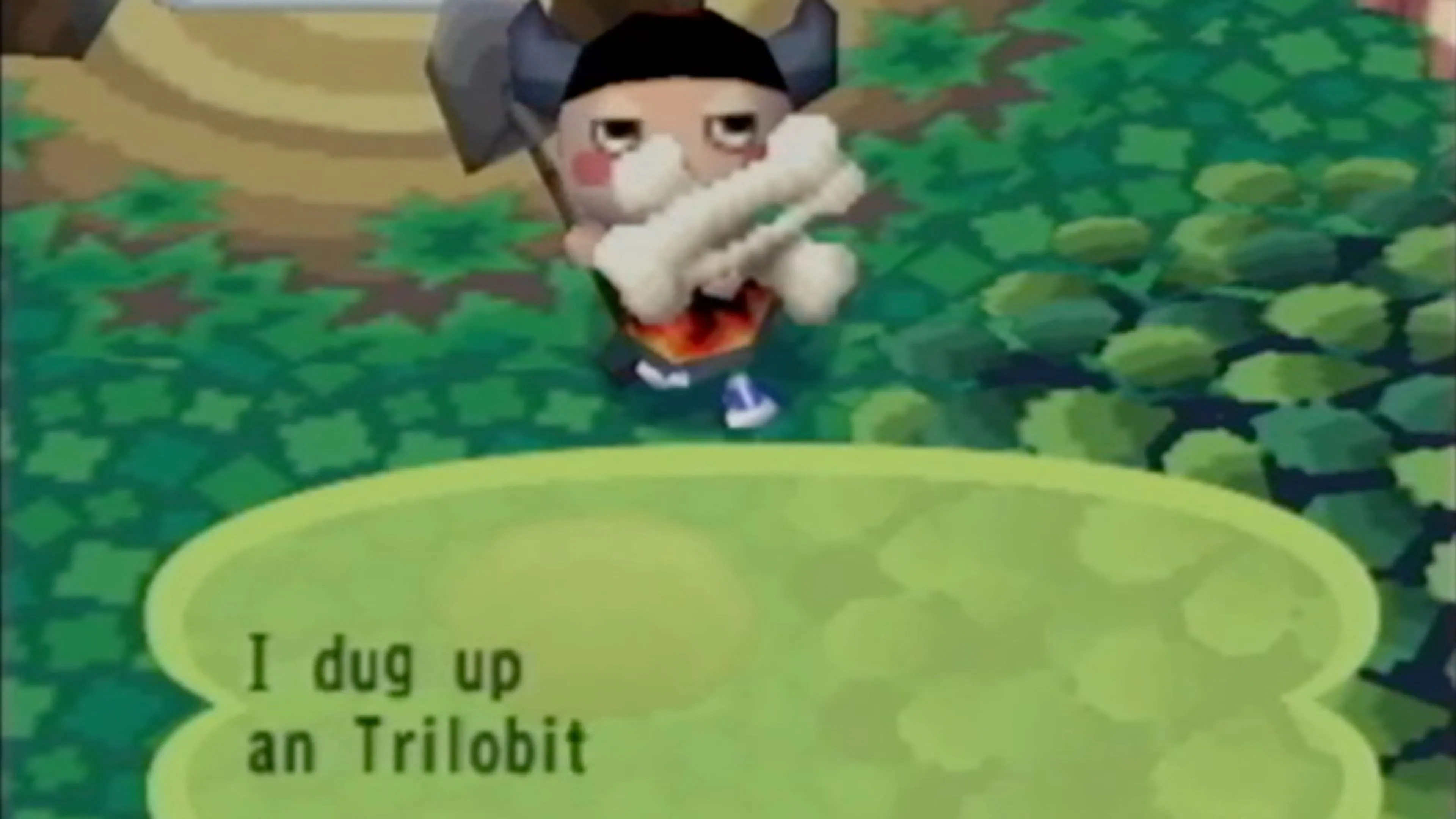 Người chơi đào bới và tìm thấy hóa thạch Trilobite trong Animal Crossing GameCube.