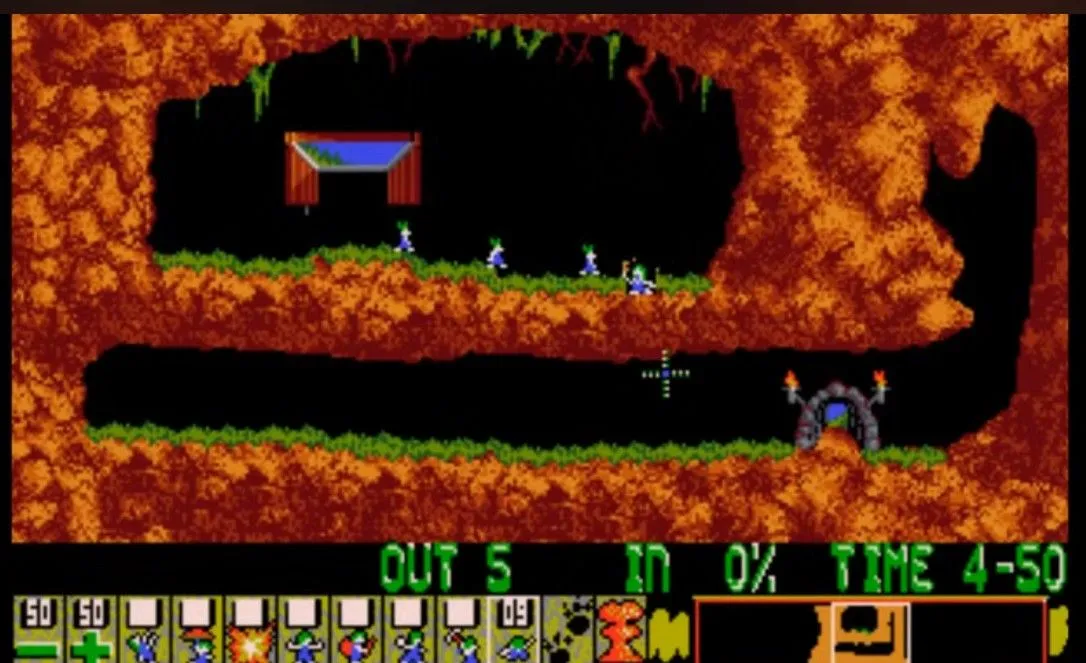 Người chơi hướng dẫn đàn Lemmings vượt qua chướng ngại vật trong game giải đố Lemmings