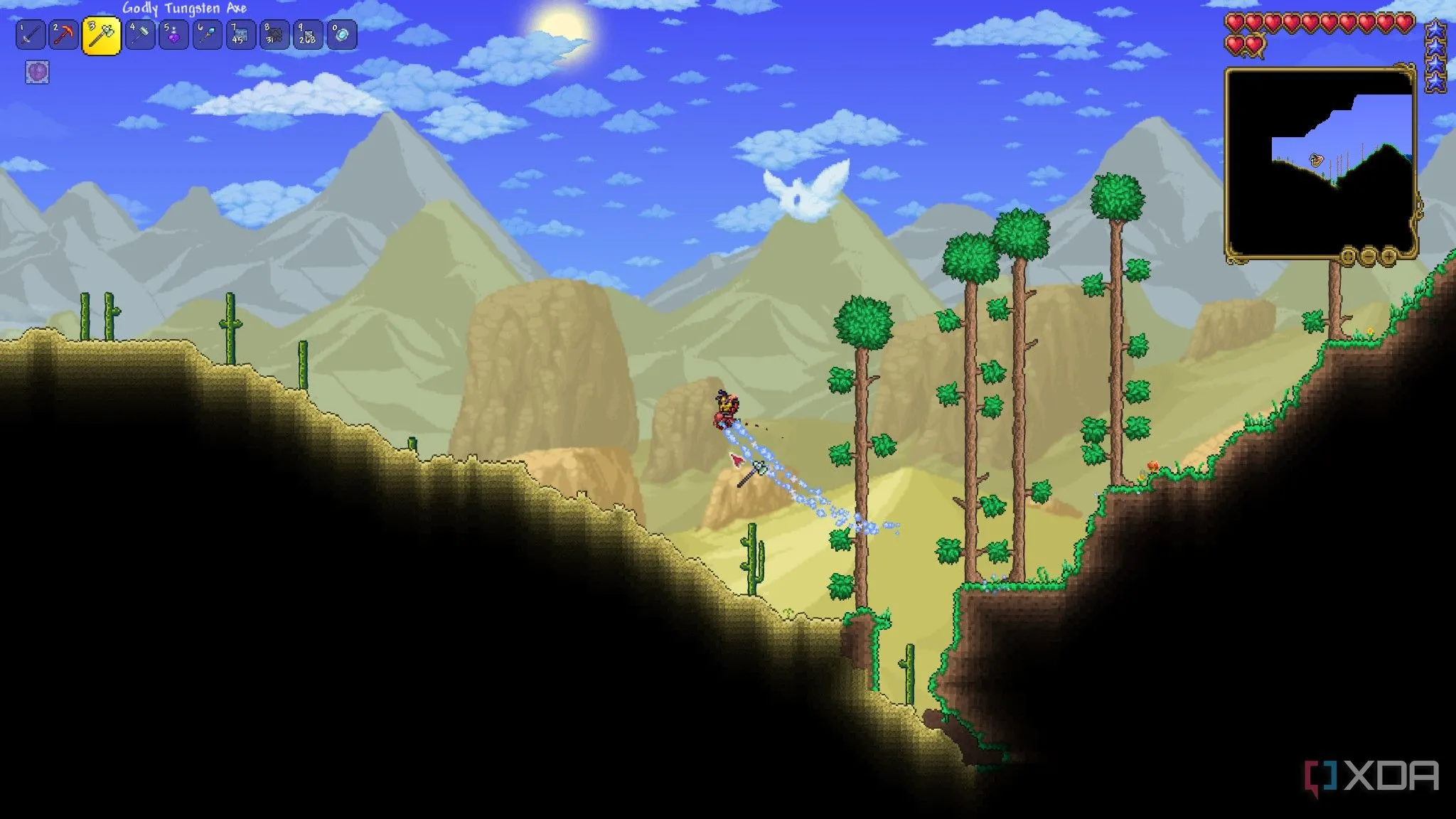 Người chơi khám phá môi trường sa mạc rộng lớn trong Terraria.