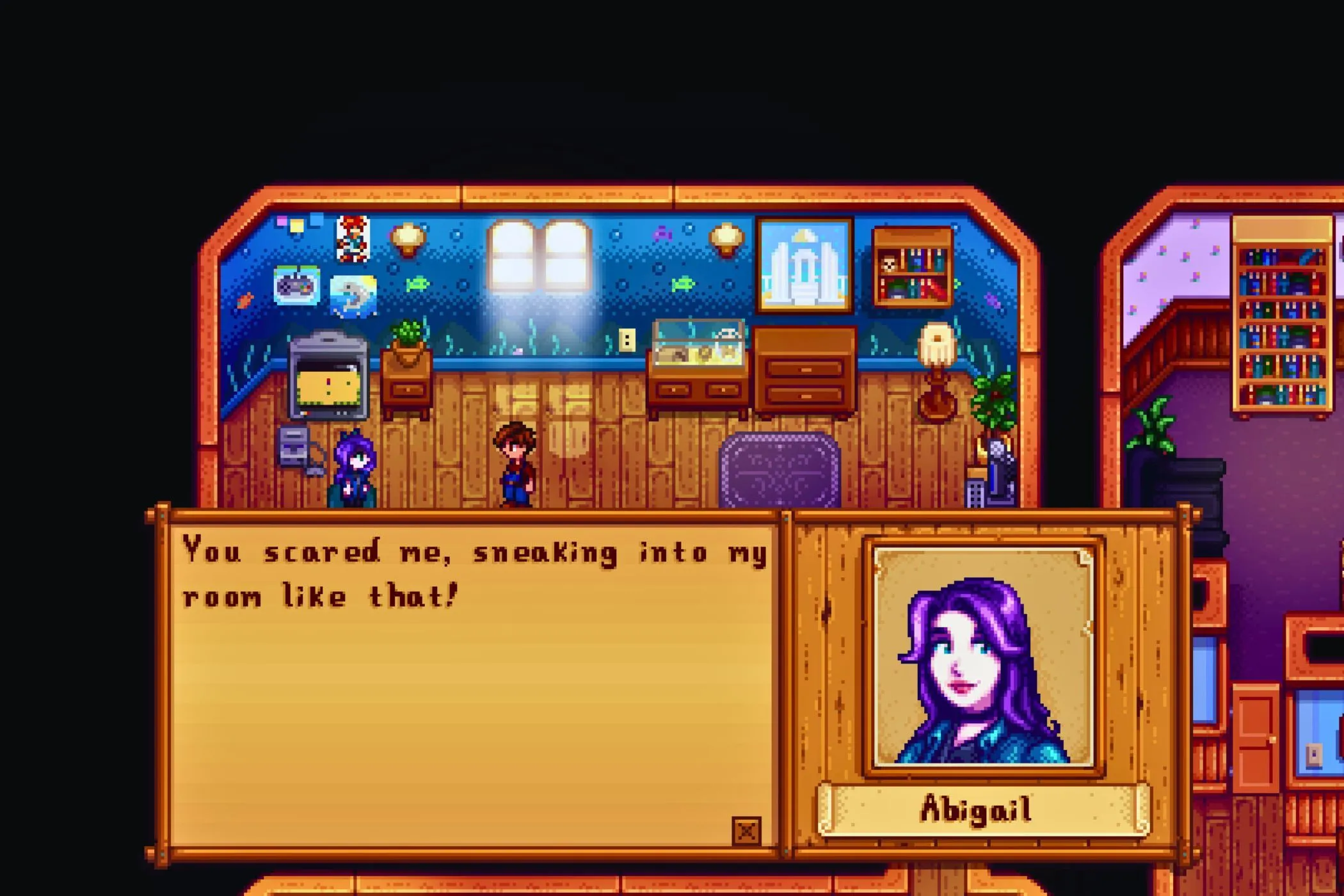 Người chơi Stardew Valley trò chuyện với Abigail trong nhà, thể hiện sự tương tác sâu sắc với NPC mà không cần mua thêm