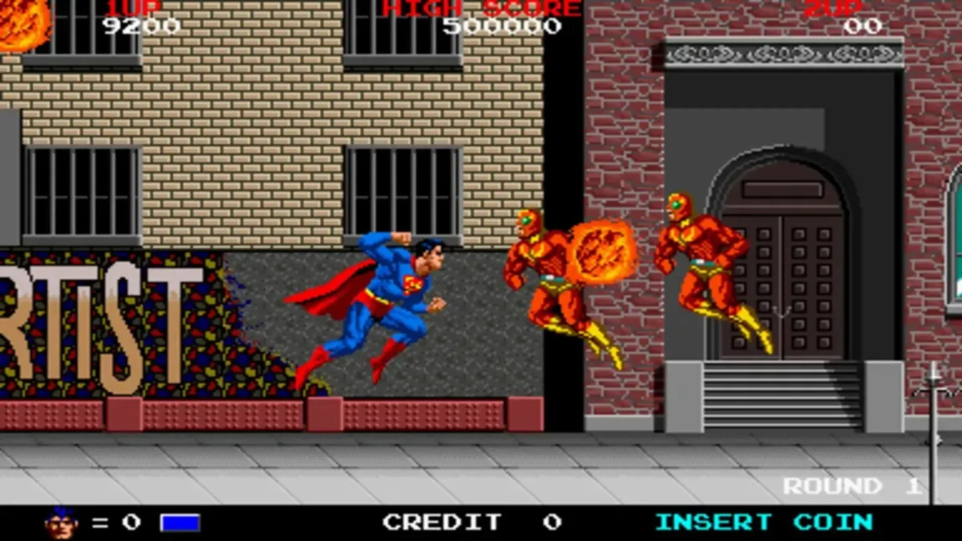 Người Đàn Ông Thép Superman thực hiện cú đấm năng lượng trong game arcade kinh điển Superman: The Video Game
