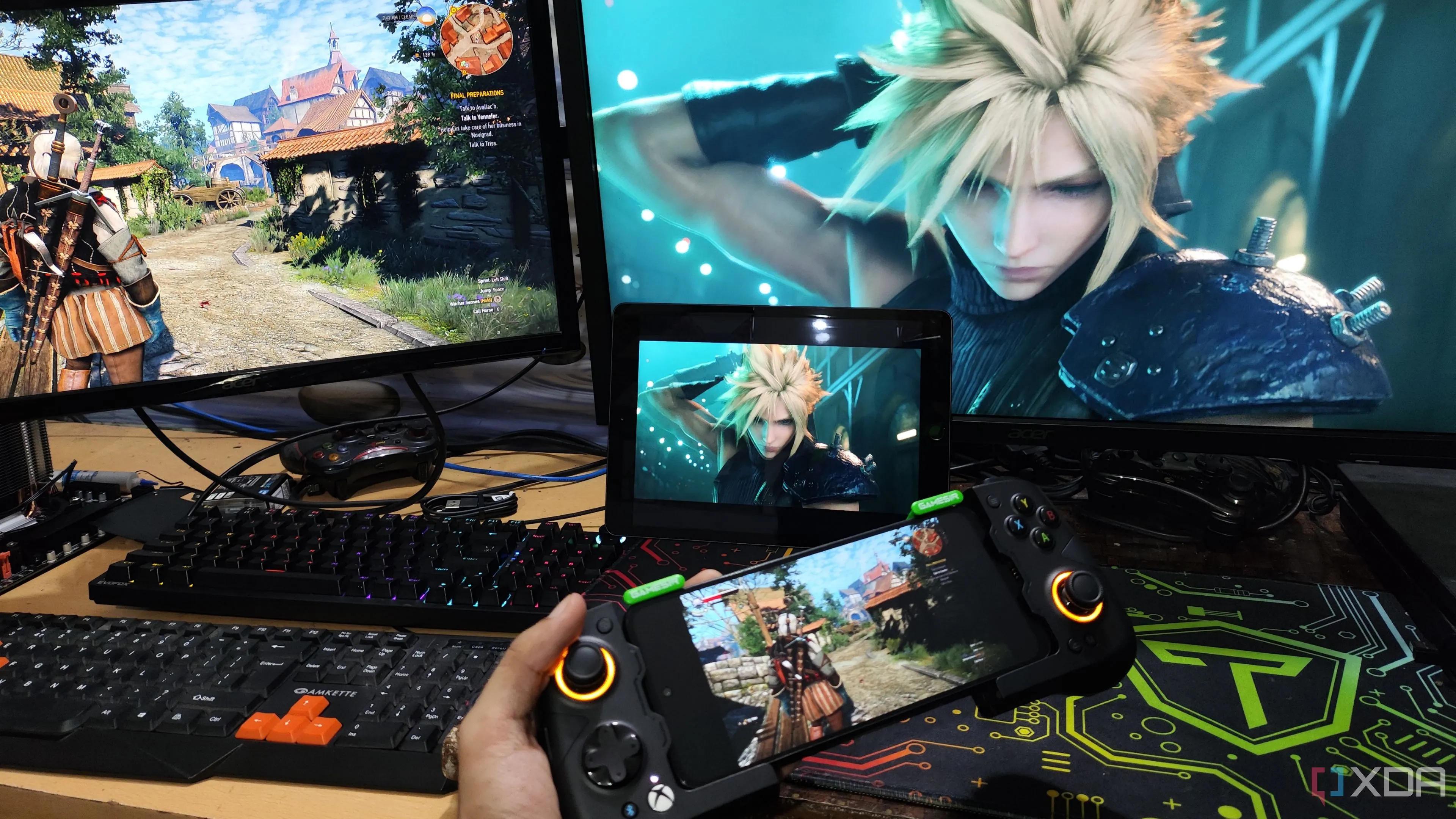Người dùng đang stream game The Witcher 3 lên điện thoại Poco M6 Pro qua Parsec và Final Fantasy VII Remake lên iPad qua Moonlight/Sunshine, thể hiện khả năng chơi game từ xa