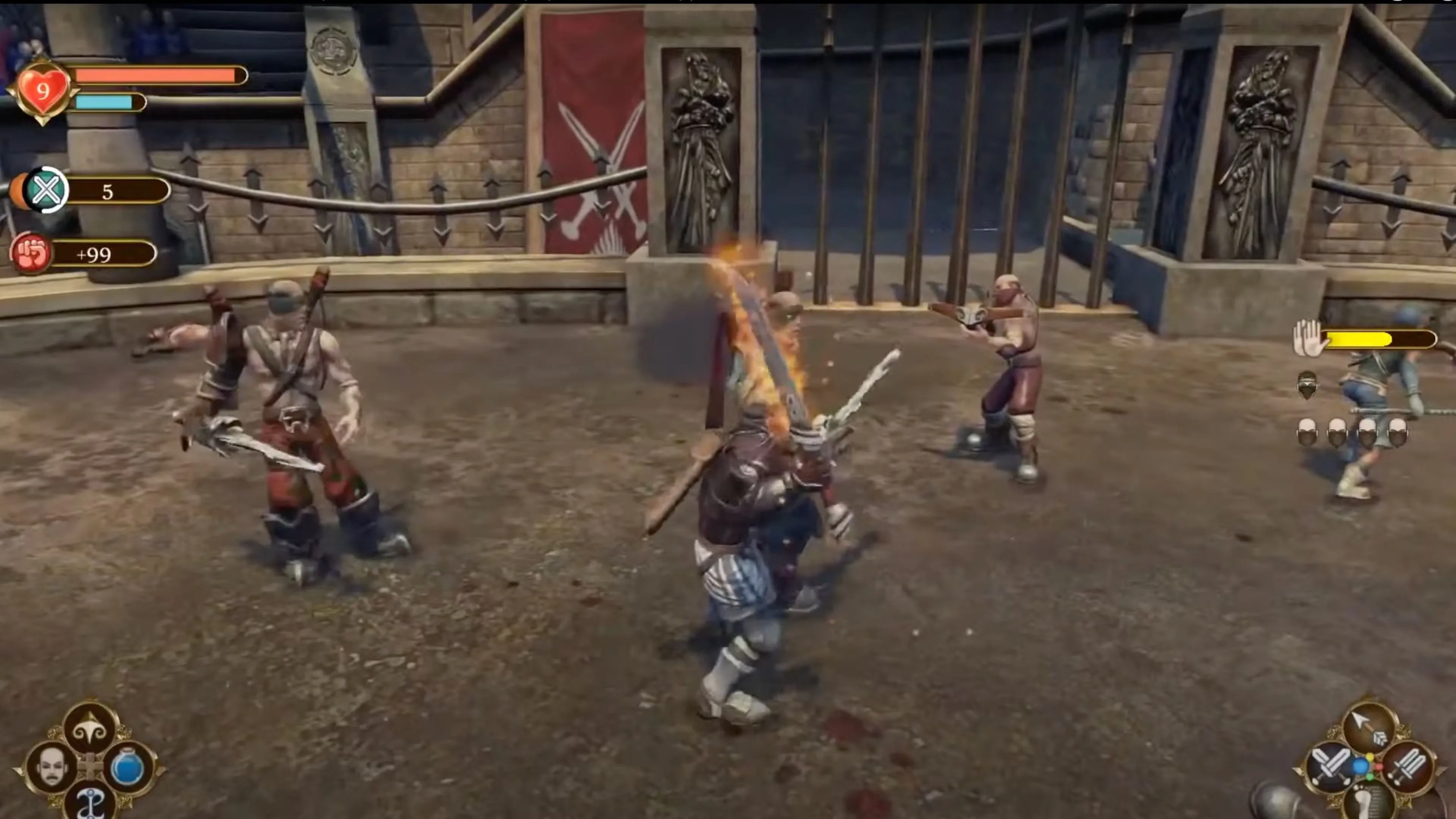 Người hùng chiến đấu với nhiều kẻ thù trong một đấu trường ở game Fable trên Xbox đời đầu
