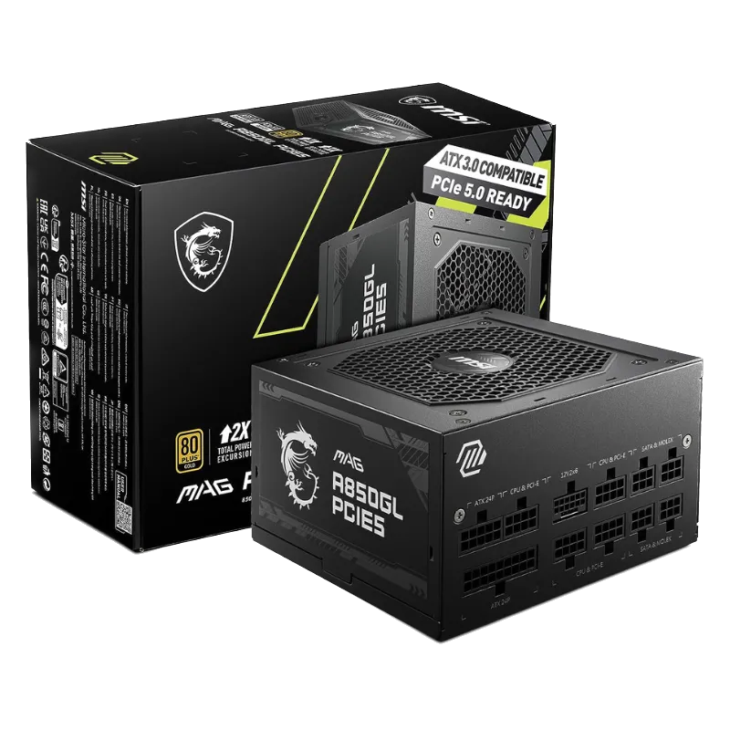 Nguồn MSI MAG A850GL trên nền trong suốt