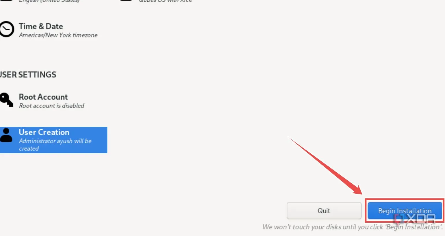 Nhấn nút &quot;Begin Installation&quot; để bắt đầu quá trình cài đặt Qubes OS