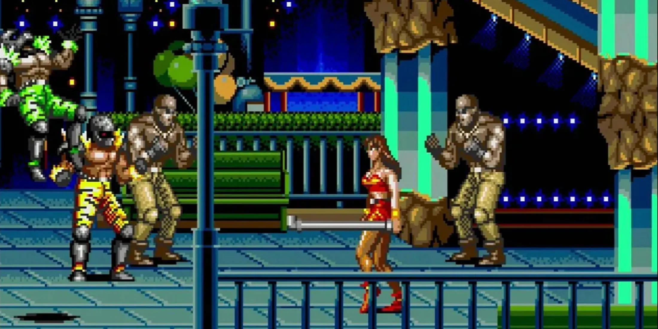 Nhân vật Blaze trong Streets of Rage 2 đang tung cú đá vào một nhóm kẻ thù trên đường phố