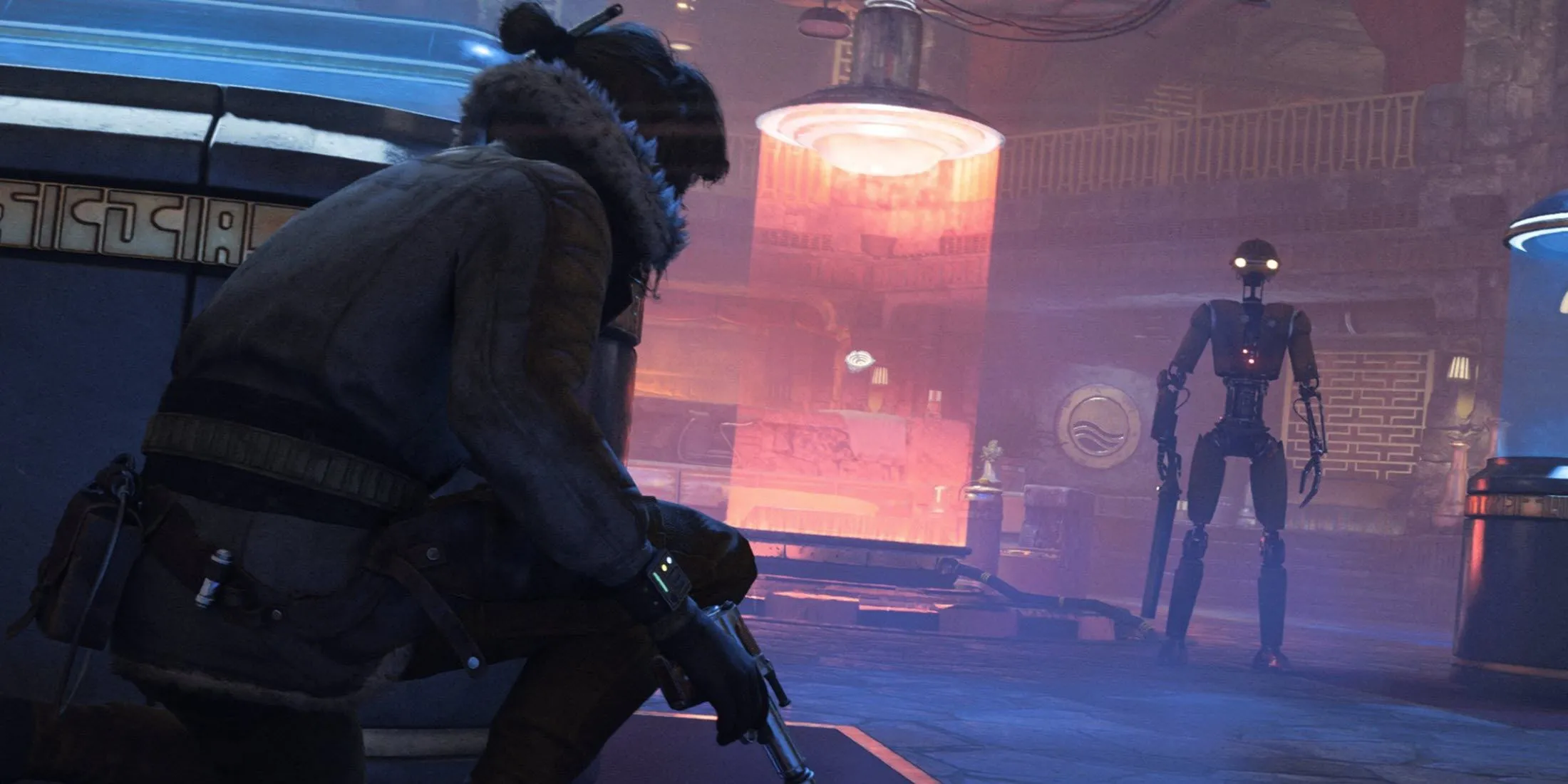 Nhân vật chính Kay Vess cùng người bạn Nix trong Star Wars Outlaws đang thực hiện nhiệm vụ lén lút, thể hiện đồ họa ấn tượng của game.