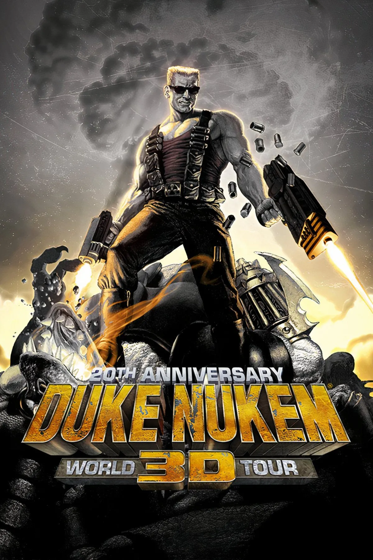 Nhân vật Duke Nukem với kính râm và súng, đại diện cho game bắn súng Duke Nukem 3D đầy cá tính và hành động