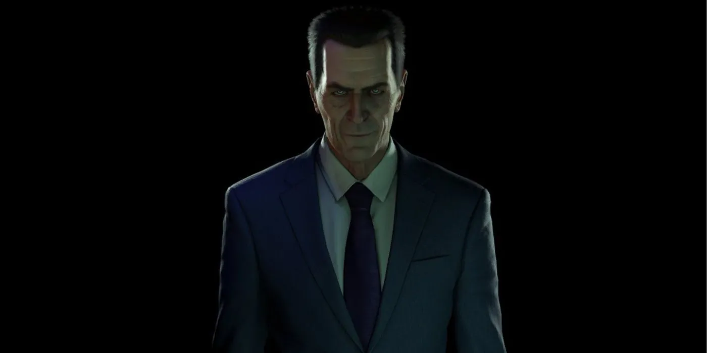 Nhân vật G-Man trong một cảnh của Half-Life: Alyx, tượng trưng cho vũ trụ Half-Life