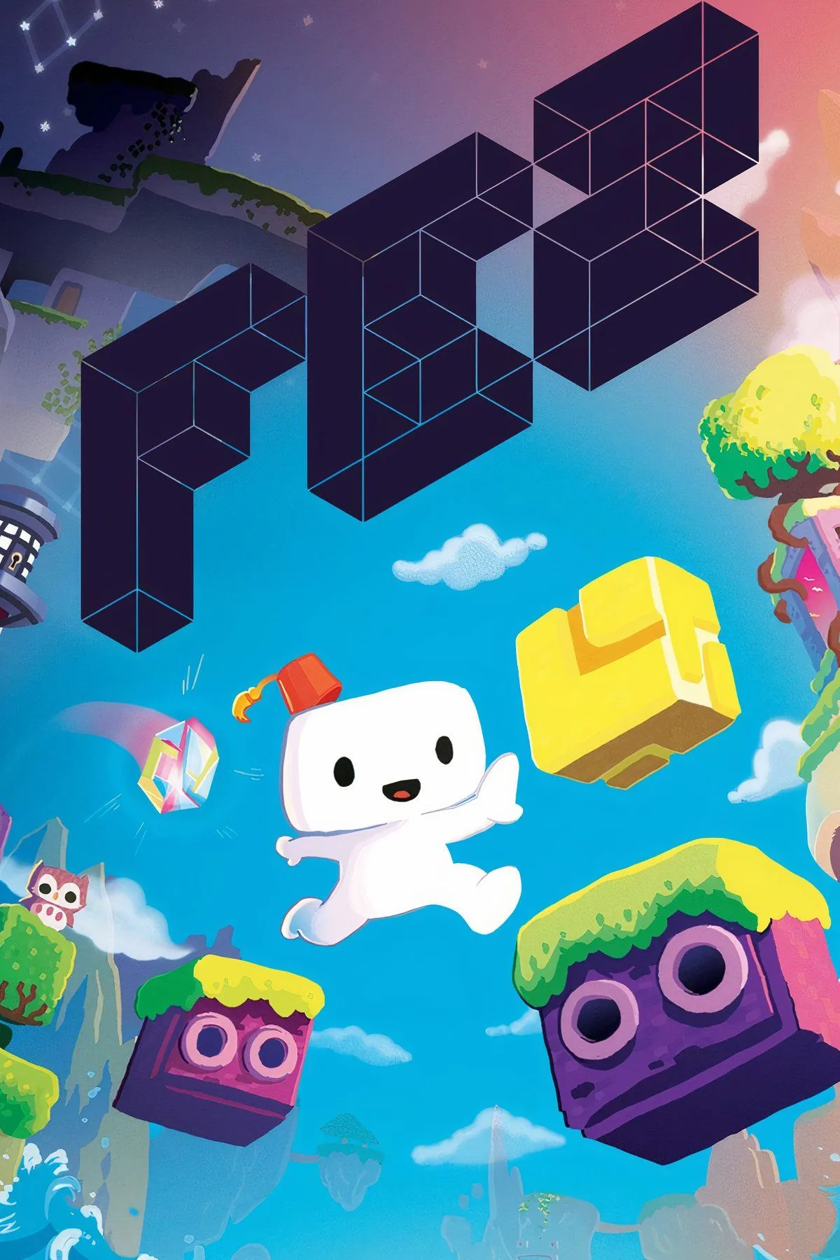 Nhân vật Gomez 2D đáng yêu trong thế giới pixel 3D đầy màu sắc của FEZ