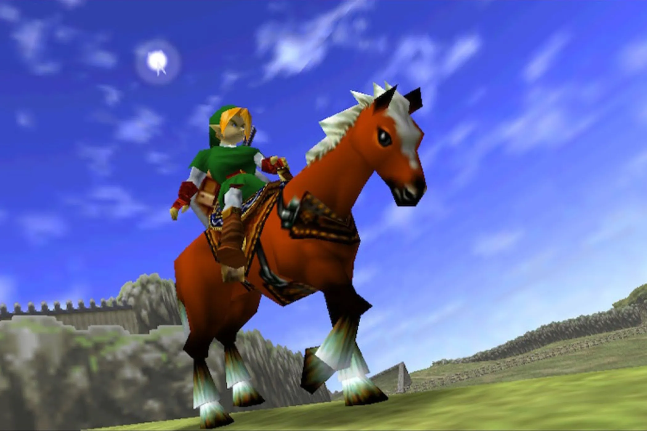 Nhân vật Link cưỡi ngựa Epona trong game The Legend of Zelda: Ocarina of Time, tựa game đã cách mạng hóa cơ chế chiến đấu 3D với Z-Targeting.