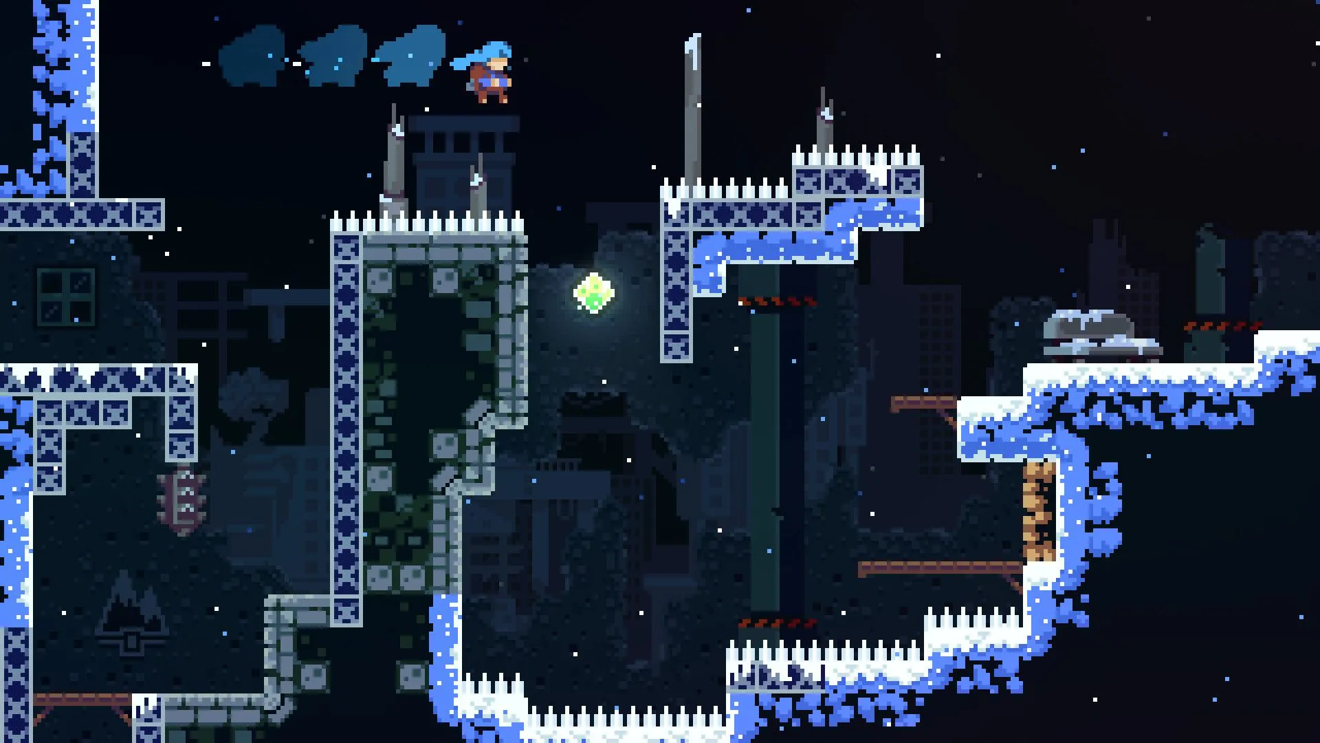 Nhân vật Madeline thực hiện cú phi thân trên không vượt qua chông nhọn trong màn tuyết của game Celeste