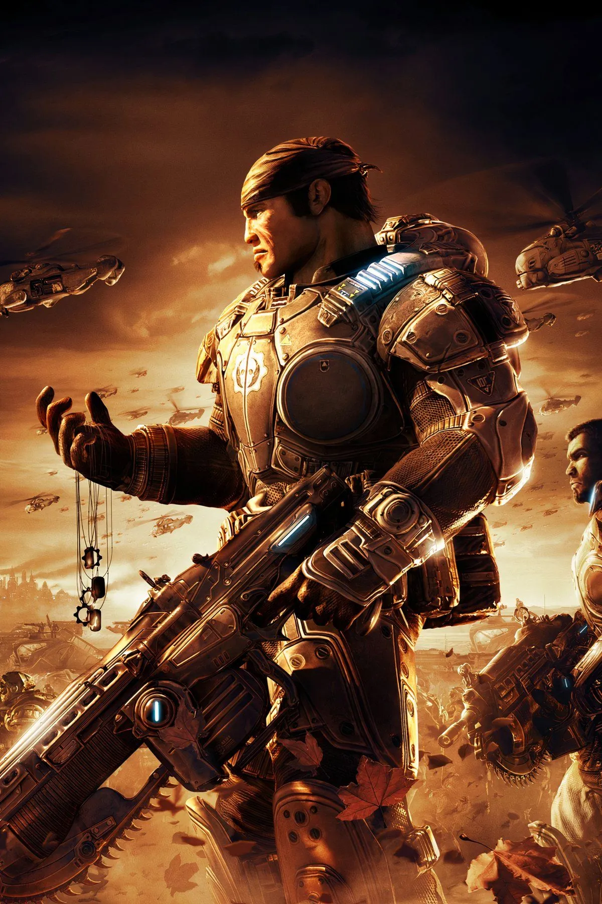 Nhân vật Marcus Fenix trong Gears of War 2 cùng đồng đội chiến đấu chống lại Locust trong một khung cảnh đổ nát, thể hiện lối chơi bắn súng góc nhìn thứ ba trên Xbox.