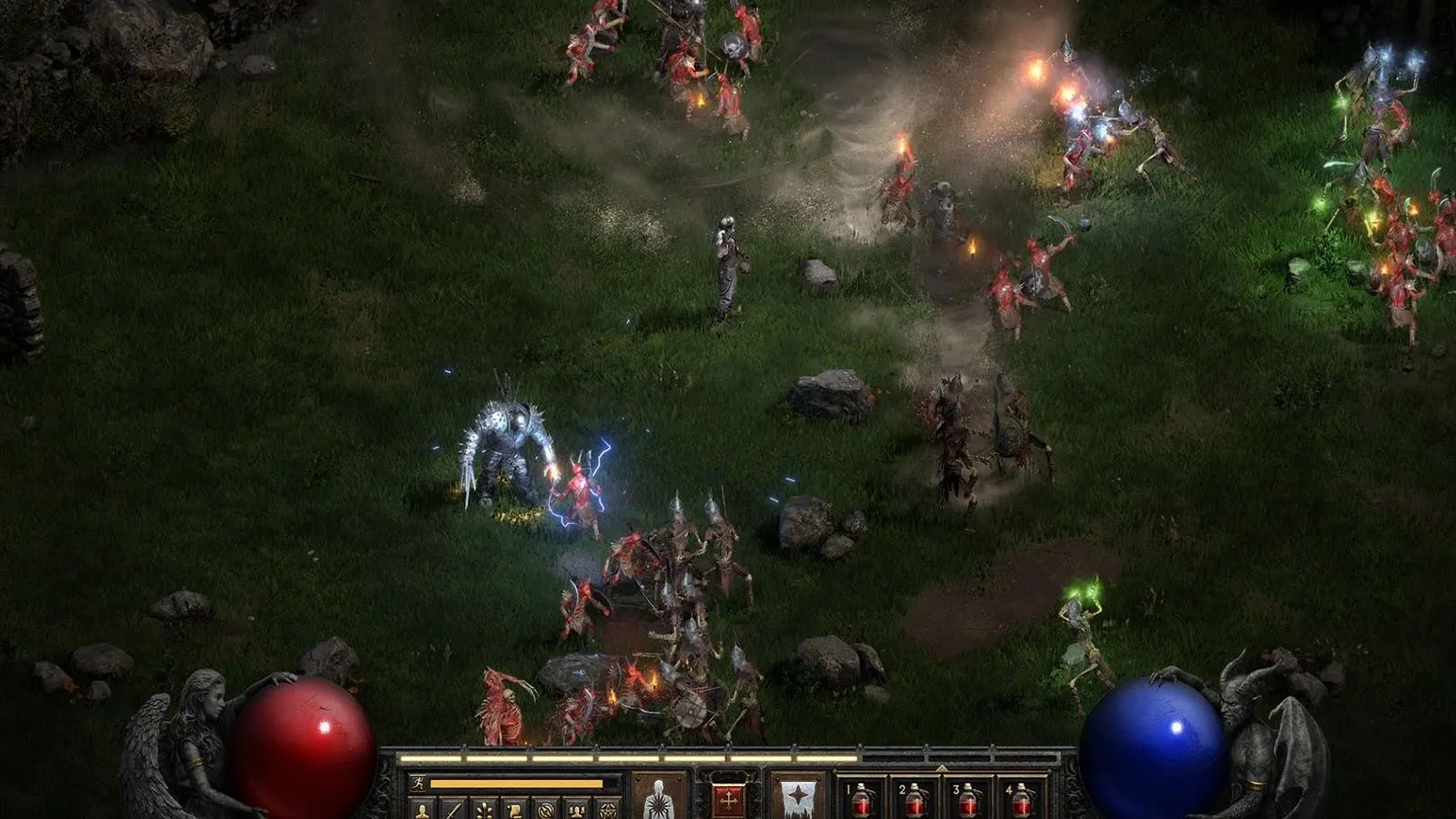 Nhân vật pháp sư trong Diablo 2 Resurrected chiến đấu trên cánh đồng, thể hiện lối chơi ARPG hầm ngục