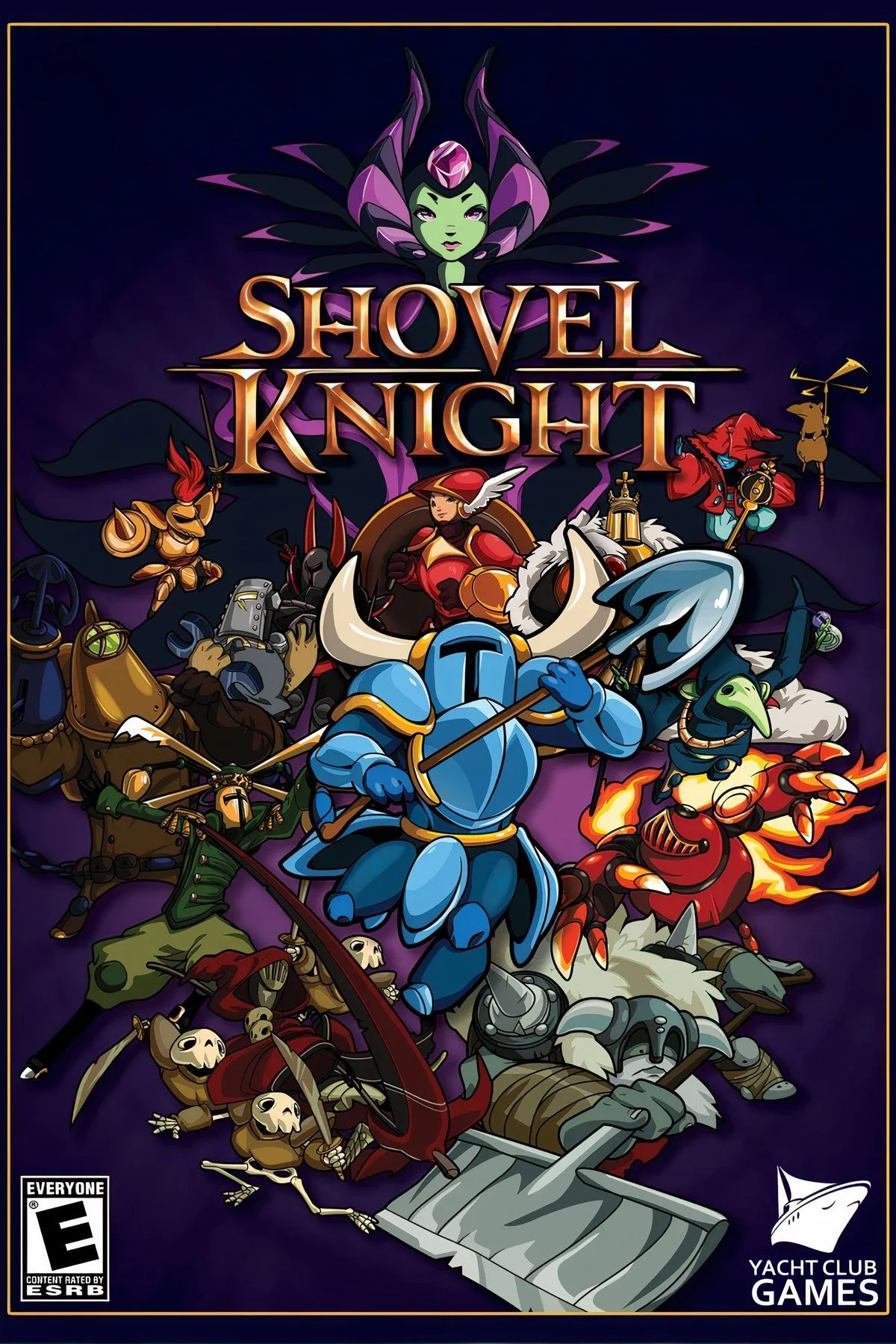 Nhân vật Shovel Knight đang thực hiện pha hành động với cây xẻng trên nền cảnh pixel art đầy màu sắc