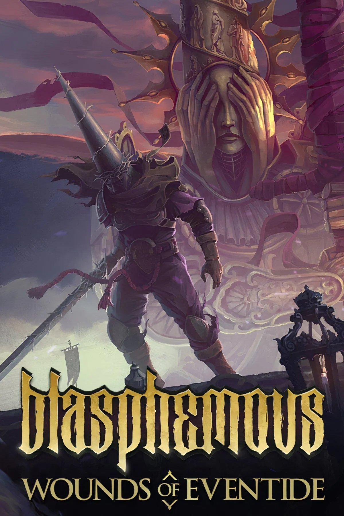 Nhân vật The Penitent One trong Blasphemous với đồ họa pixel art u ám, đầy chi tiết theo phong cách Gothic