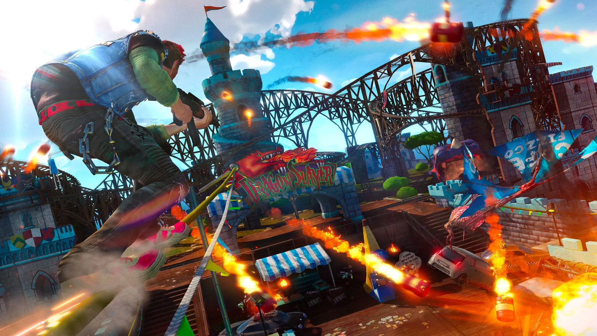 Nhân vật trong game Sunset Overdrive thực hiện pha trượt ván trên đường ray đầy phong cách