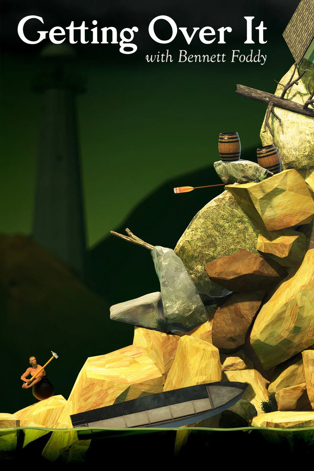Nhân vật trong Getting Over It with Bennett Foddy đang cố gắng leo núi bằng búa, minh họa độ khó gây ức chế