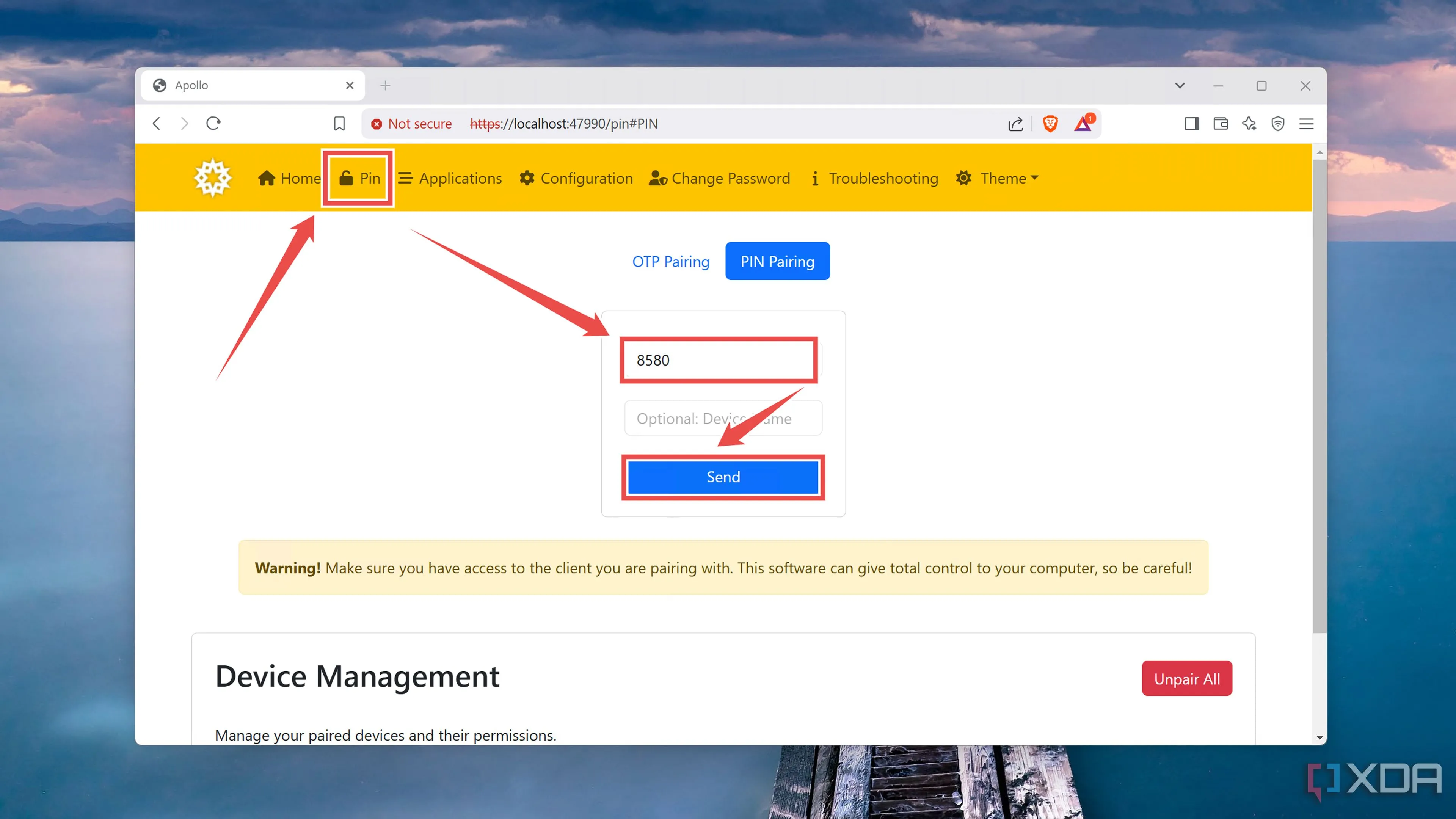 Nhập mã PIN từ điện thoại vào giao diện web UI của Apollo để xác nhận