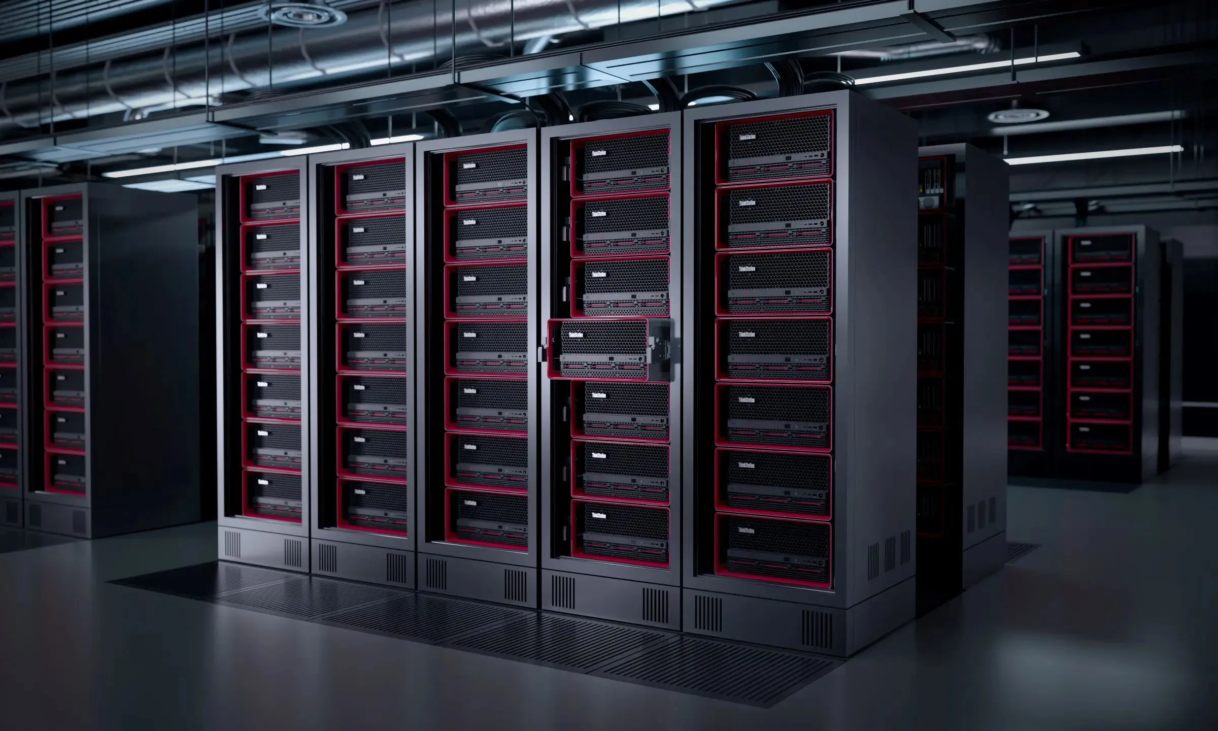 Nhiều tủ rack máy chủ Lenovo ThinkStation PX trong trung tâm dữ liệu, biểu tượng cho hệ thống máy chủ DNS Cogent
