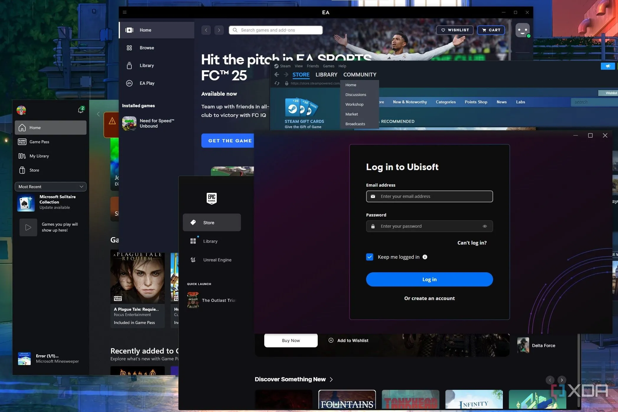 Nhiều ứng dụng khởi chạy game (launcher) hoạt động cùng lúc trên màn hình máy tính Windows