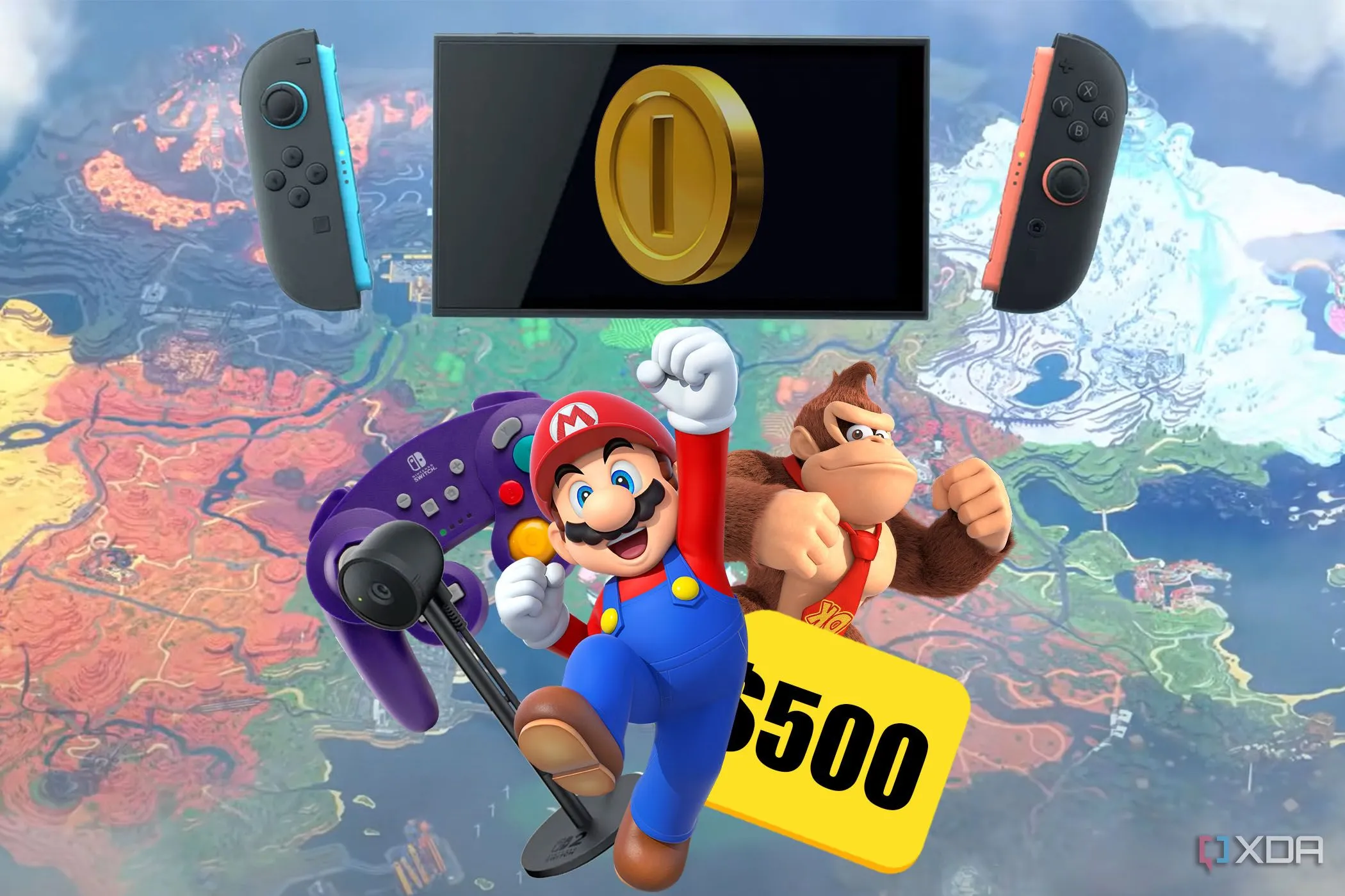 Nintendo Switch 2 bị nhân vật Mario va vào, bao quanh bởi các phụ kiện chơi game, thể hiện sự đối lập giữa kỳ vọng và thực tế.