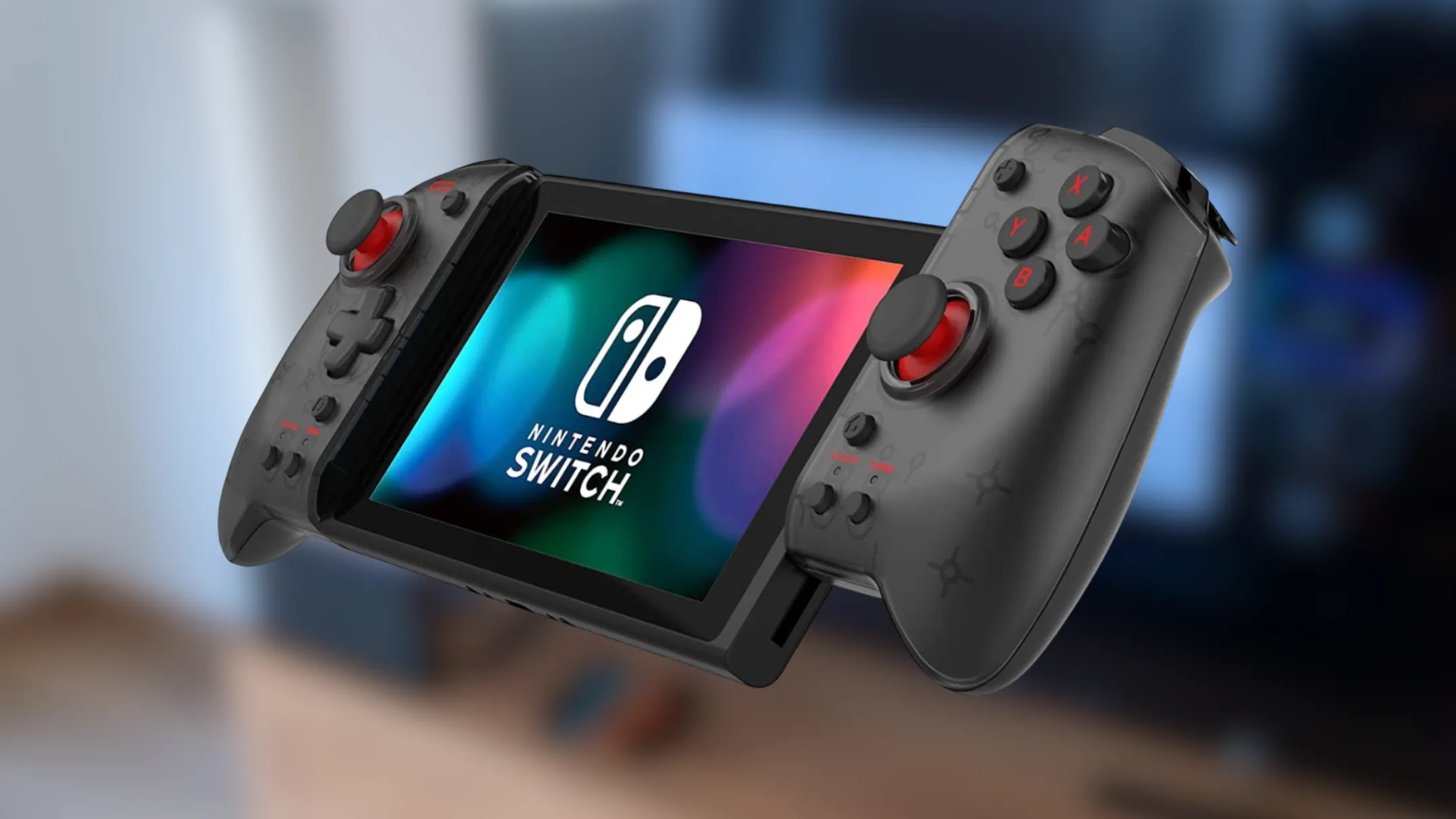 Nintendo Switch gắn tay cầm HORI Split Pad Pro ở chế độ chơi cầm tay, cho thấy thiết kế công thái học lớn hơn