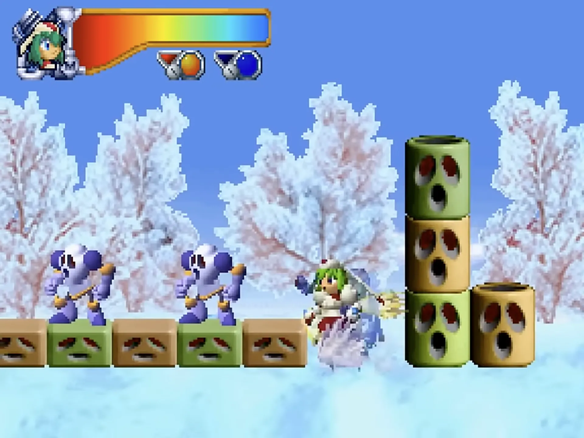 Nữ chiến binh Marina Liteyears trong game platformer 2D Mischief Makers trên N64 đang thực hiện pha hành động đặc trưng