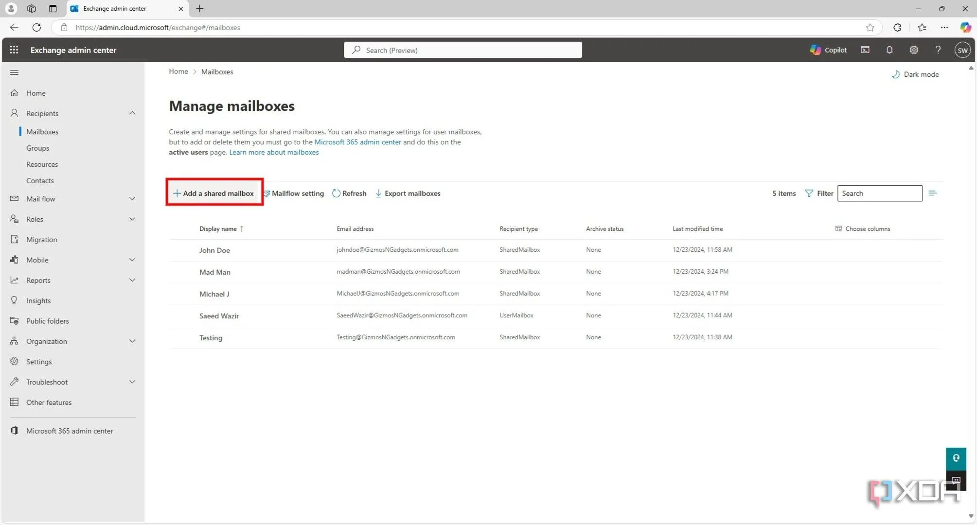 Nút &quot;Add a shared mailbox&quot; trong Exchange admin center, chuẩn bị tạo hộp thư dùng chung mới