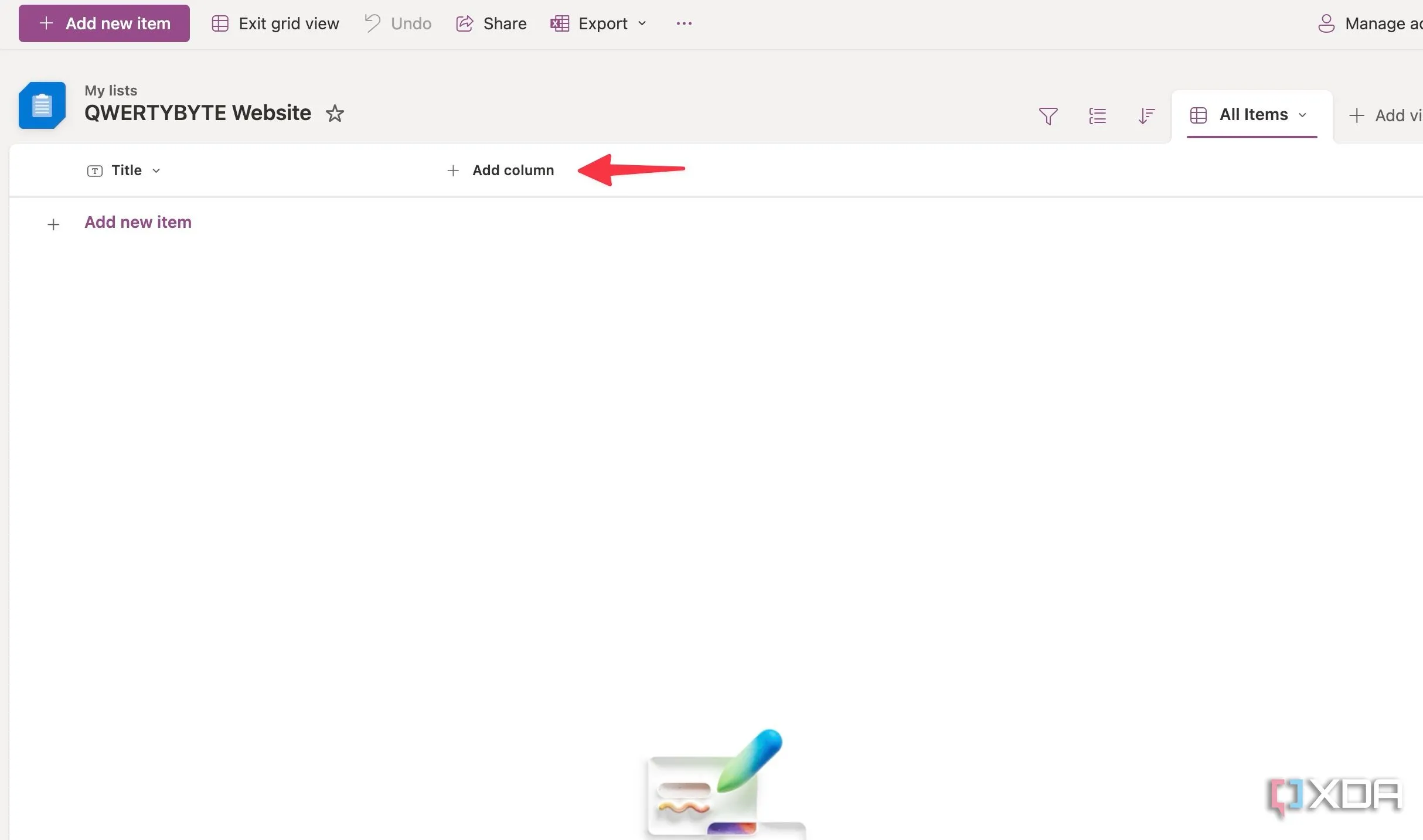 Nút &quot;Add column&quot; (Thêm cột) trong Microsoft Lists để tùy chỉnh cấu trúc danh sách