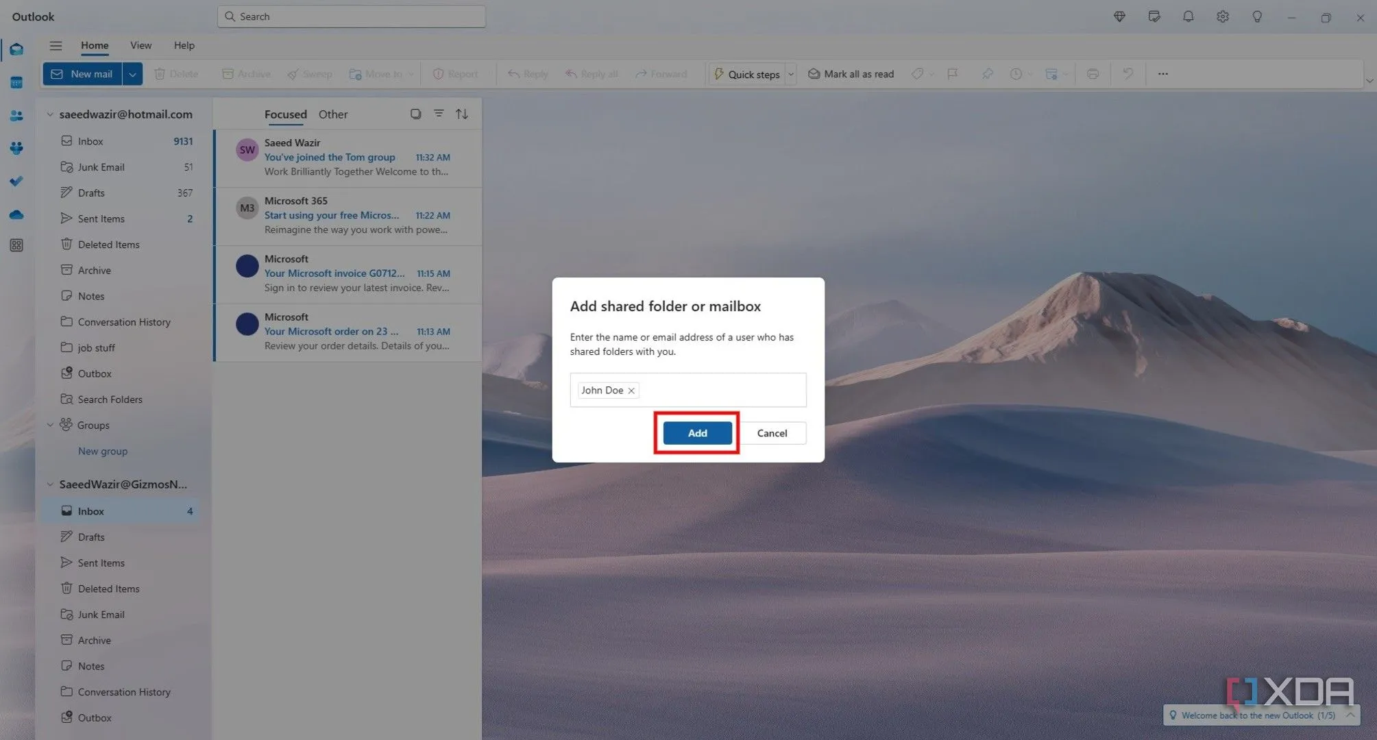Nút &quot;Add&quot; để xác nhận thêm hộp thư dùng chung trong New Outlook