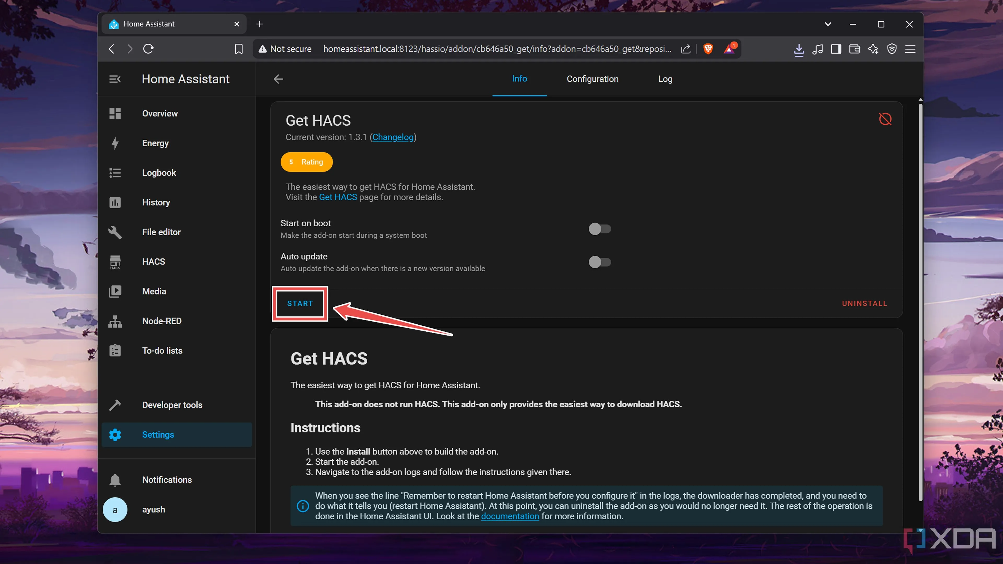 Nút &quot;Cài đặt&quot; và &quot;Bắt đầu&quot; cho add-on &quot;Get HACS&quot; trong giao diện Home Assistant