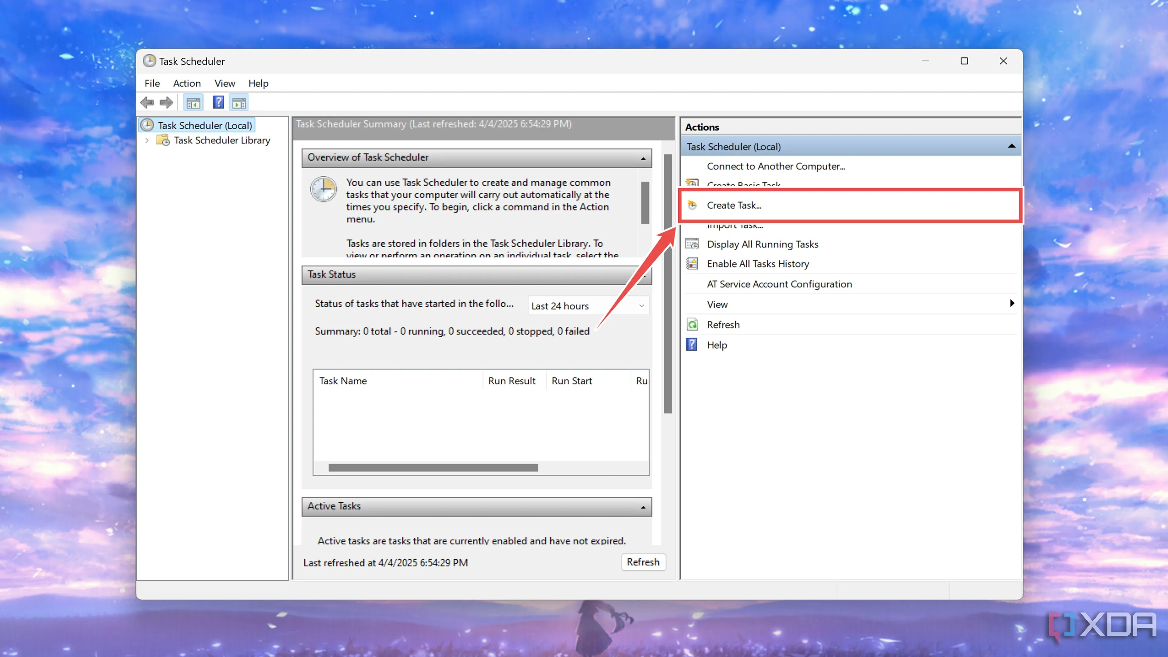 Nút Create Task (Tạo tác vụ) trong cửa sổ Task Scheduler của Windows