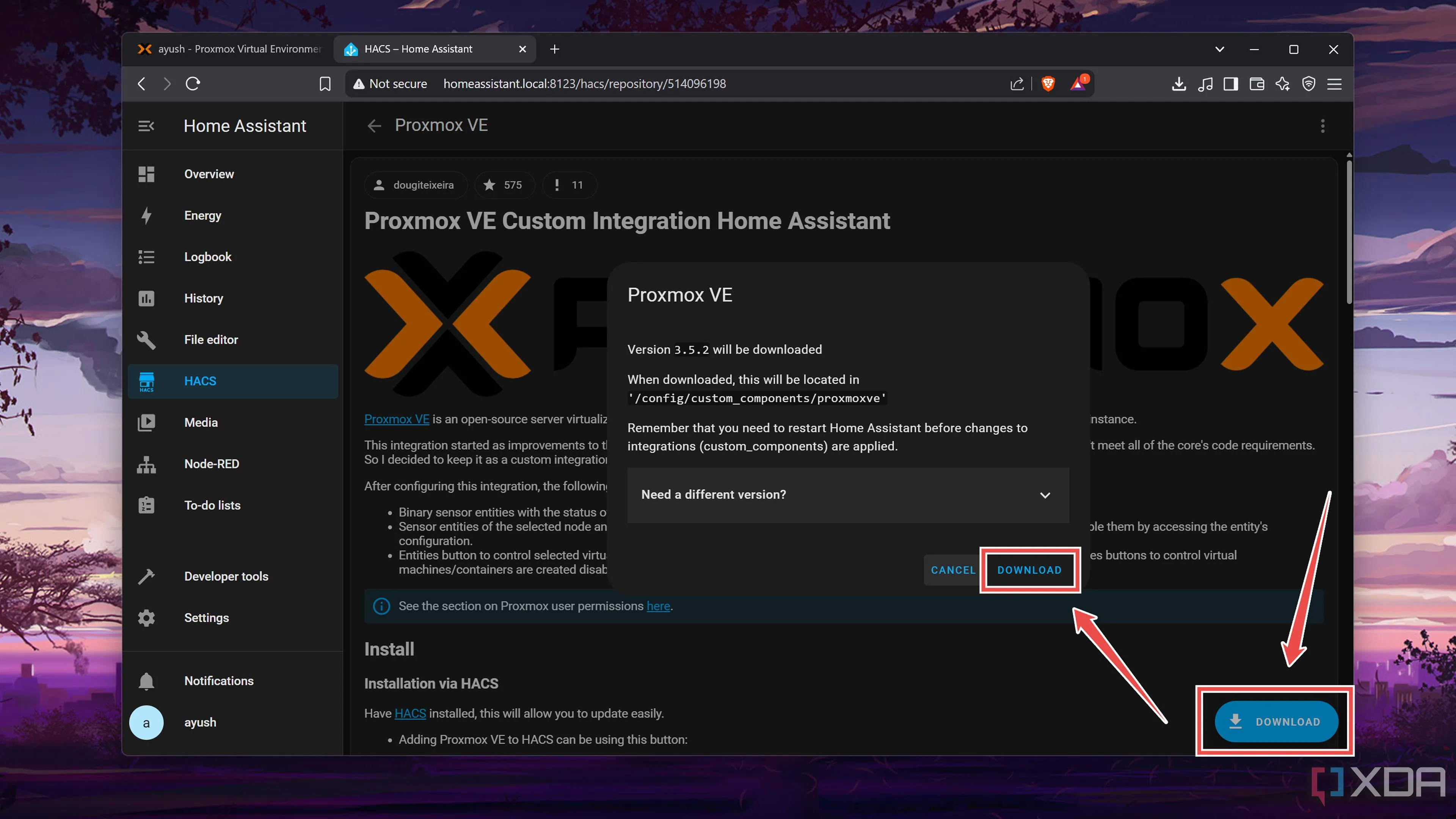 Nút &quot;Tải xuống&quot; để cài đặt tích hợp Proxmox VE vào Home Assistant