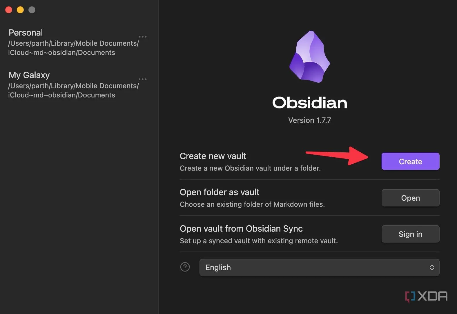 Nút tạo vault mới trong phần mềm Obsidian