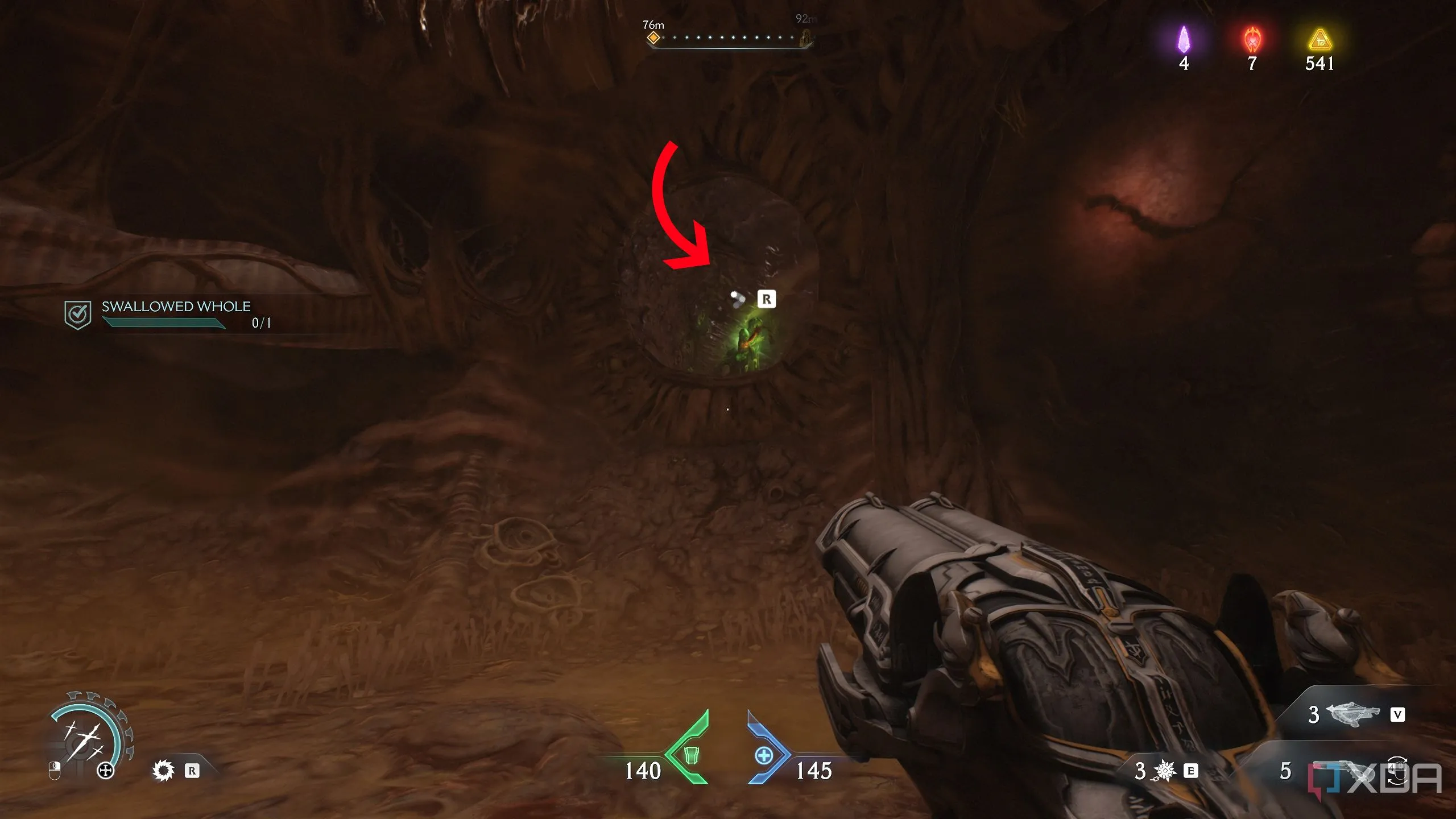 Nút thịt xanh ở phía trên cao để sử dụng Shield Recall Jump trong Chapter 18