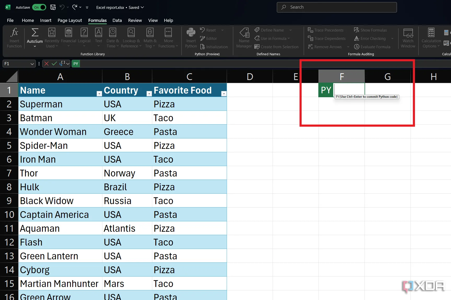Ô excel hiển thị hàm python