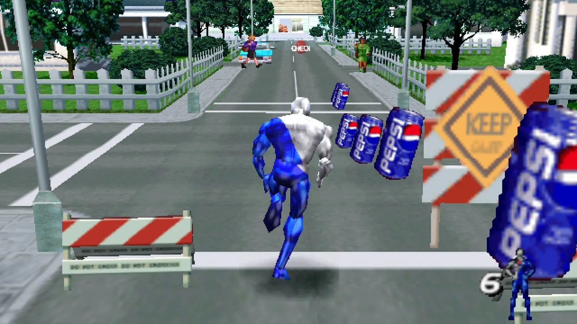 Pepsiman đang chạy trên đường phố, thu thập lon Pepsi trong game Pepsiman PS1