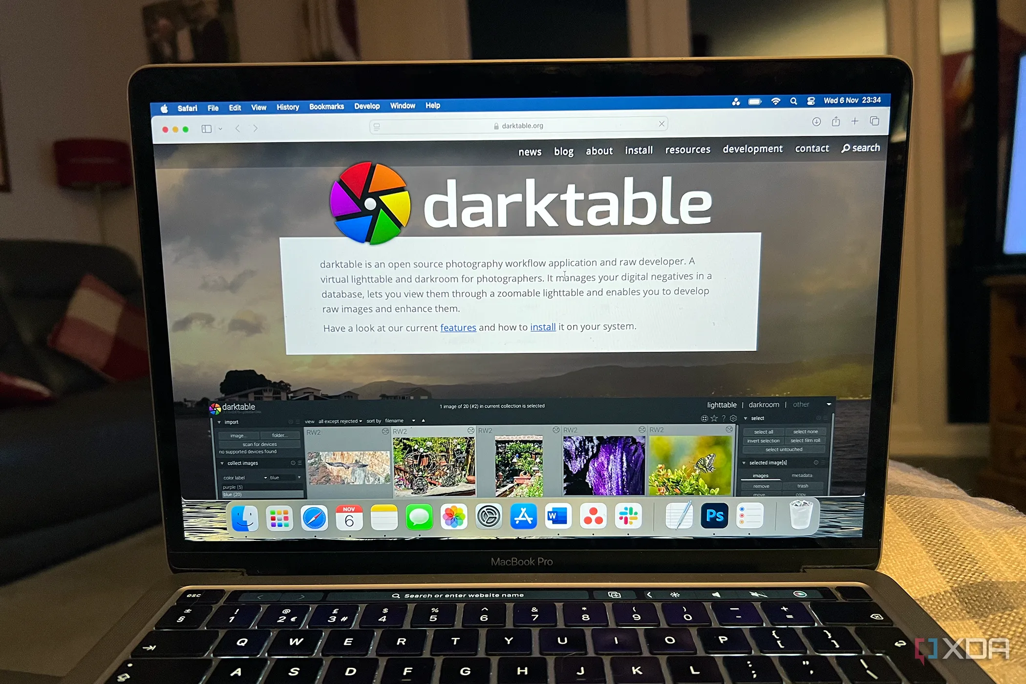 Phần mềm chỉnh sửa ảnh Darktable đang chạy trên MacBook