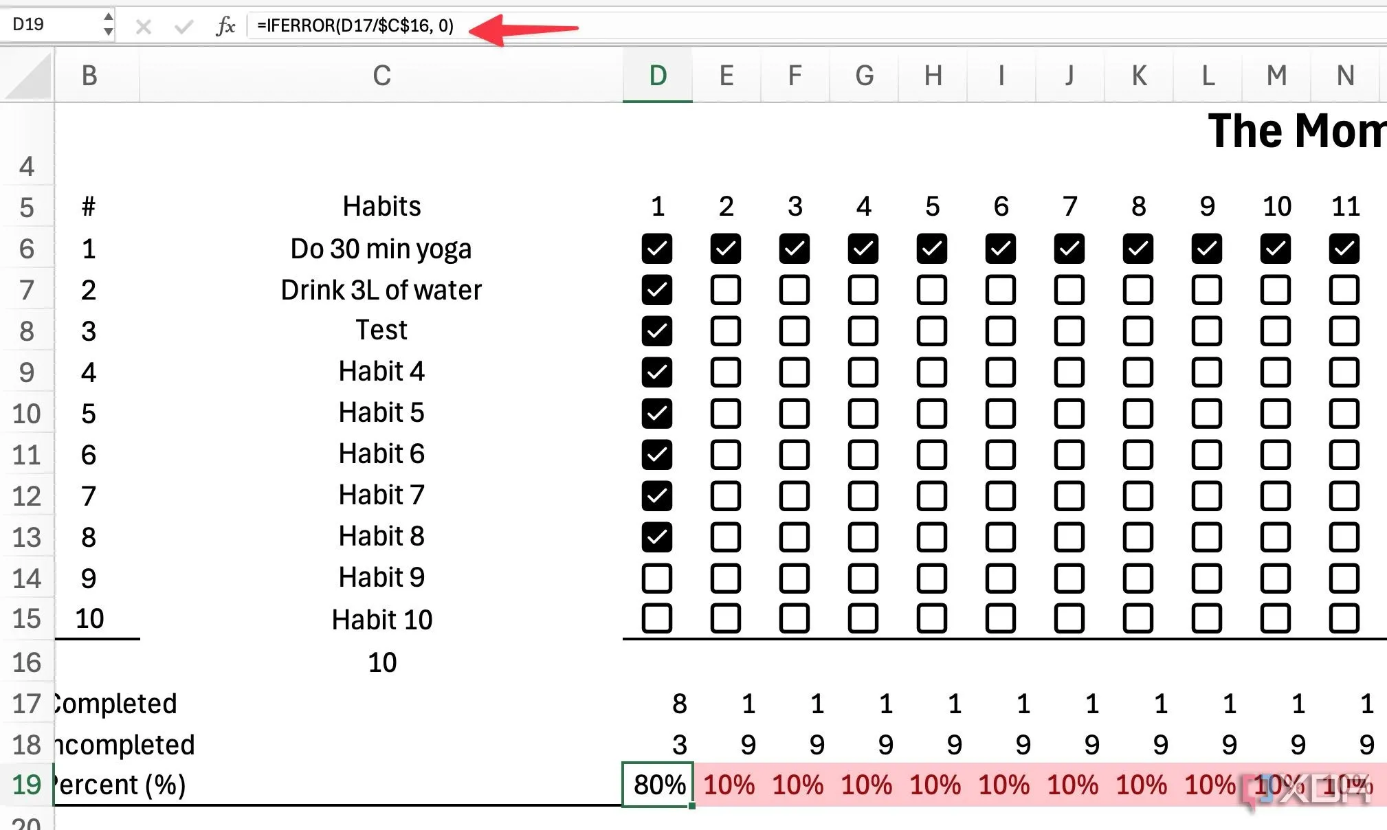 Phần trăm hoàn thành thói quen trong Excel