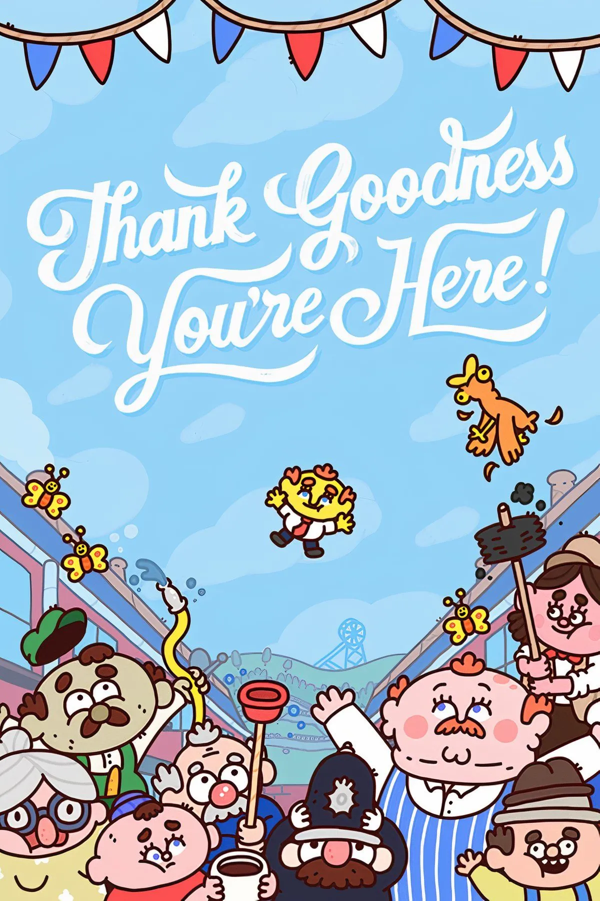 Phong cách đồ họa hoạt hình hài hước của game Thank Goodness You're Here! với nhân vật chính trong thị trấn Barnsworth.