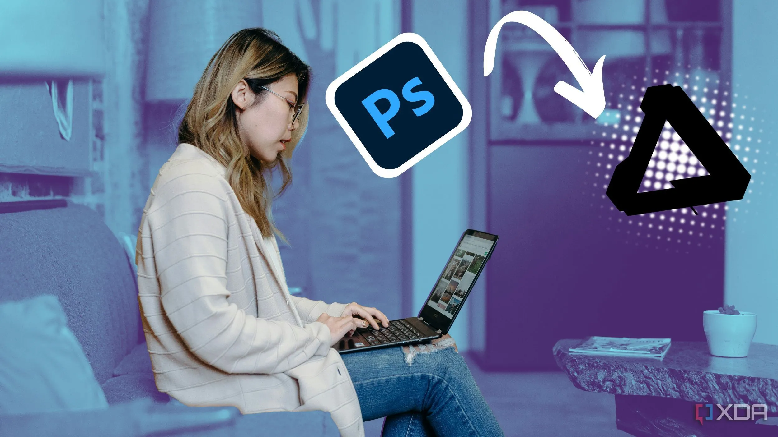 Phụ nữ dùng laptop với phần mềm sáng tạo, logo Photoshop trôi gần cô ấy với mũi tên chỉ vào logo Affinity