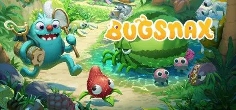 Poster game Bugsnax với nhân vật Snaktooth và các sinh vật Bugsnax nửa côn trùng nửa đồ ăn vặt
